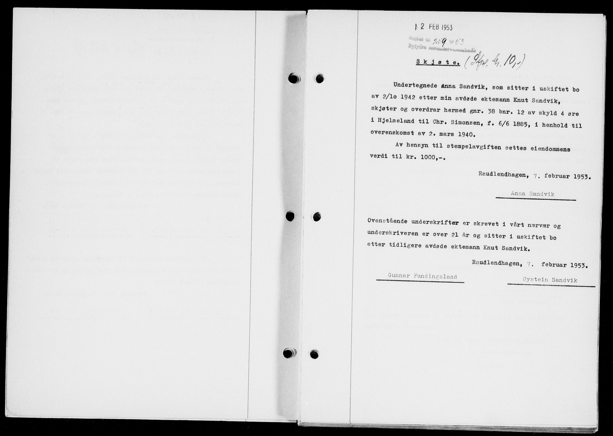 Ryfylke tingrett, SAST/A-100055/001/II/IIB/L0120: Pantebok nr. 99, 1952-1953, Dagboknr: 259/1953