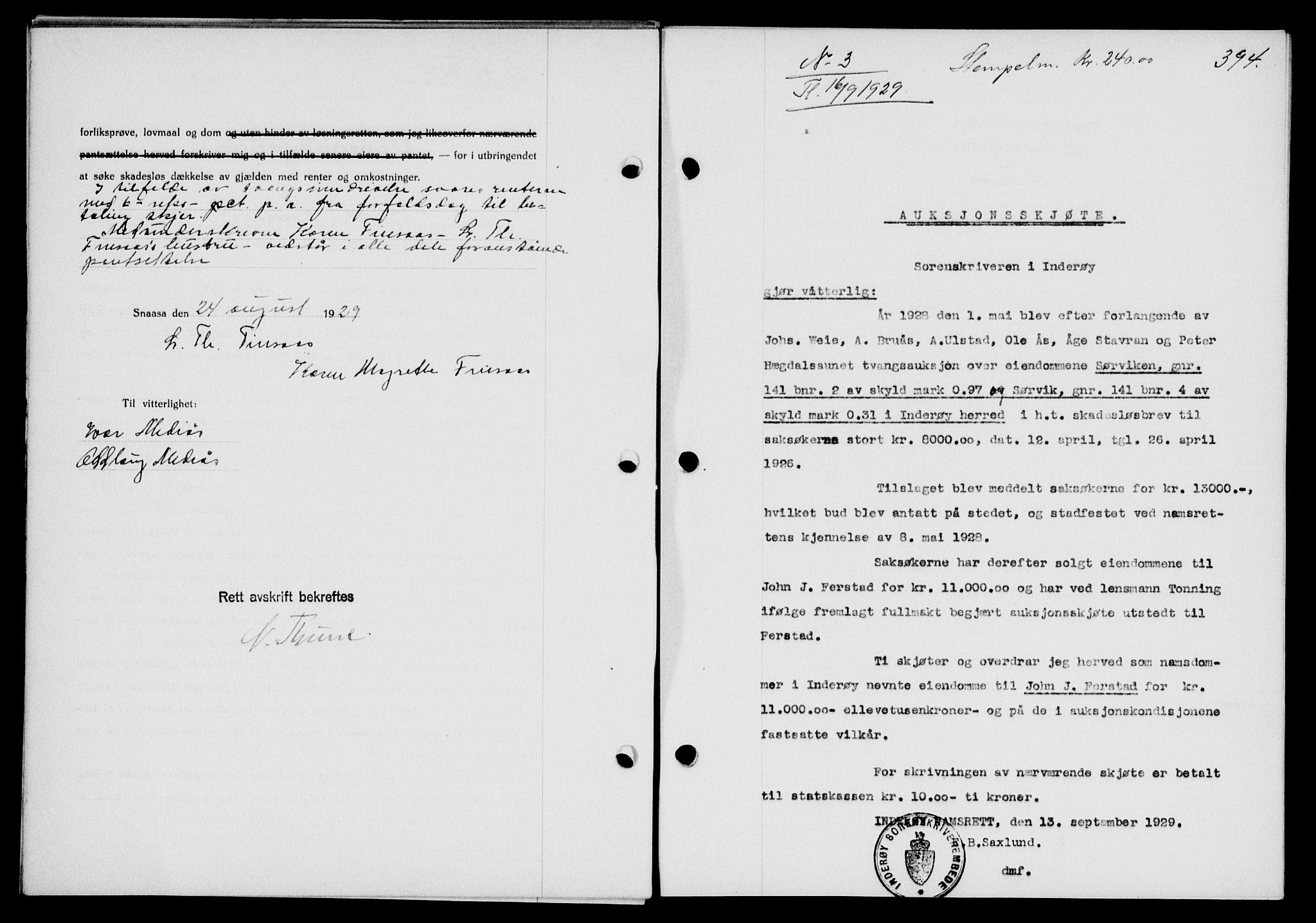 Inderøy sorenskriveri, SAT/A-4147/1/2/2C/L0068: Pantebok nr. 54, 1929-1929, Tingl.dato: 16.09.1929