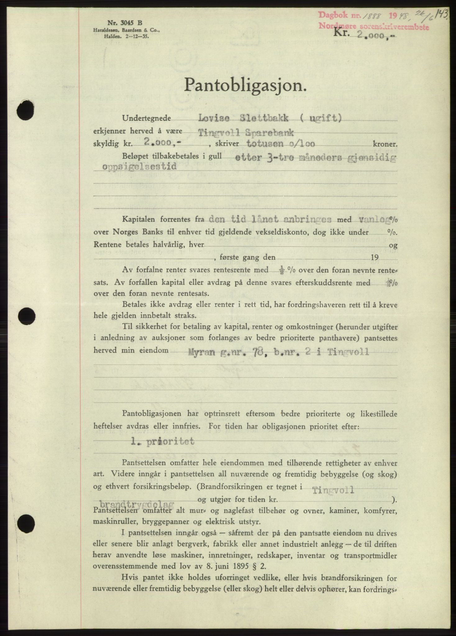 Nordmøre sorenskriveri, SAT/A-4132/1/2/2Ca: Pantebok nr. B99, 1948-1948, Dagboknr: 1888/1948