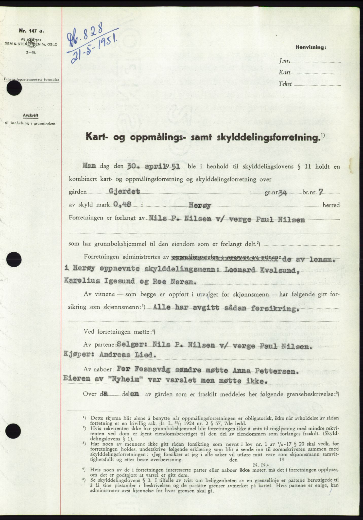 Søre Sunnmøre sorenskriveri, SAT/A-4122/1/2/2C/L0089: Pantebok nr. 15A, 1951-1951, Dagboknr: 828/1951