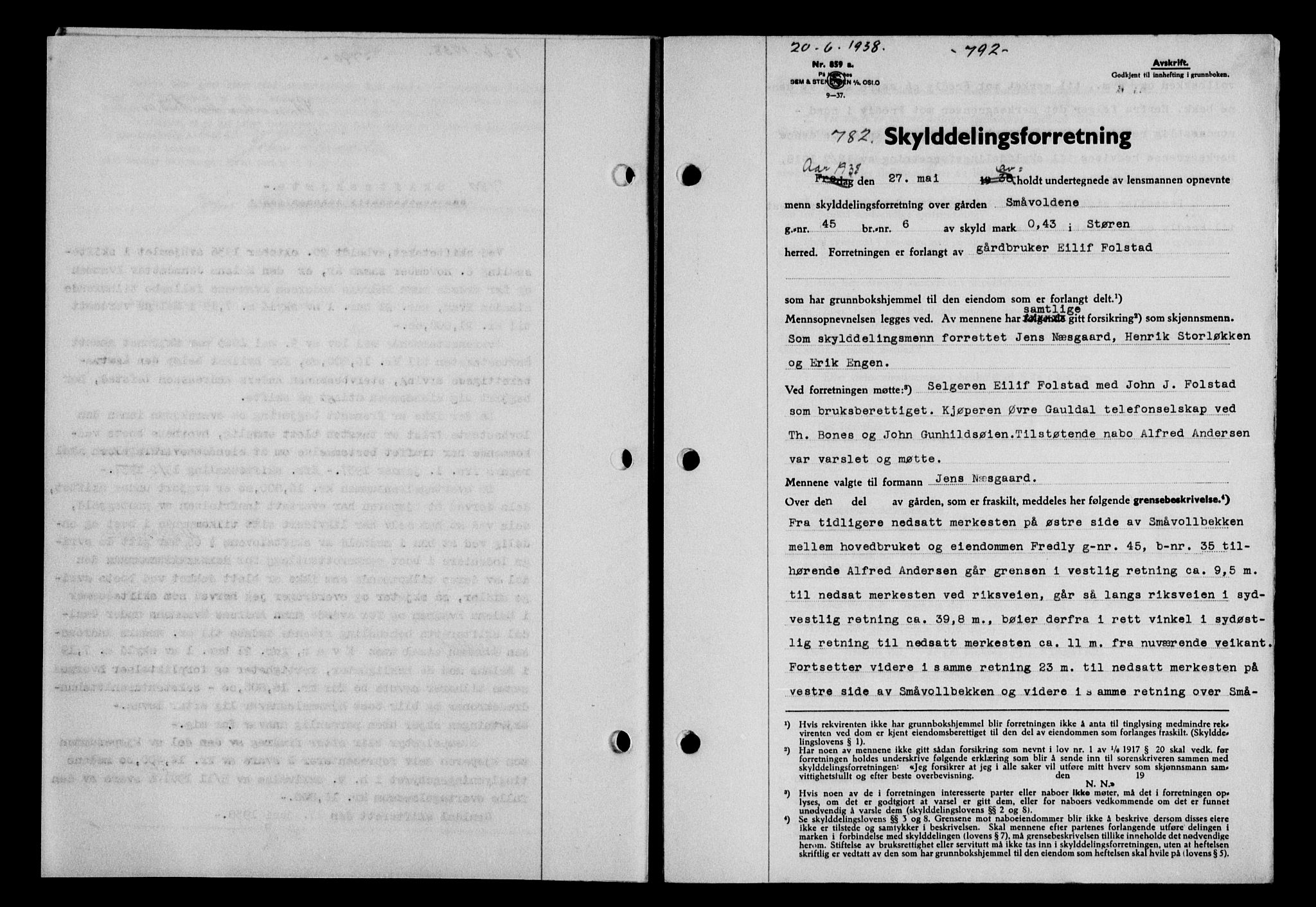 Gauldal sorenskriveri, SAT/A-0014/1/2/2C/L0048: Pantebok nr. 51-52, 1937-1938, s. 792, Dagboknr: 782/1938
