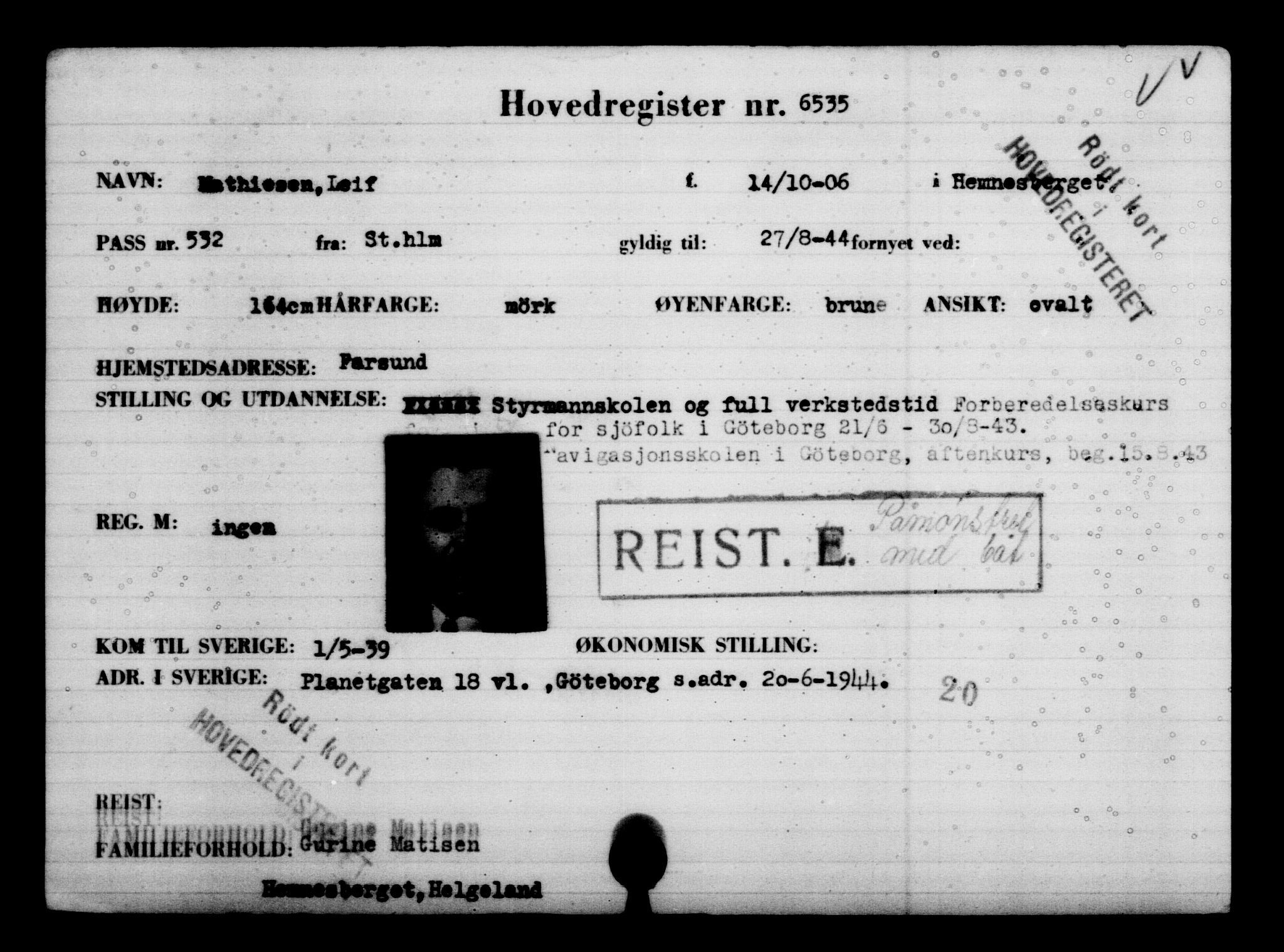 Utenriksstasjonene, Legasjonen i Stockholm, Flyktningkontoret, AV/RA-S-6753/V/Va/L0004: Kjesäterkartoteket, flyktninger med registreringsnr. 3496-6610, 1940-1945, s. 3595