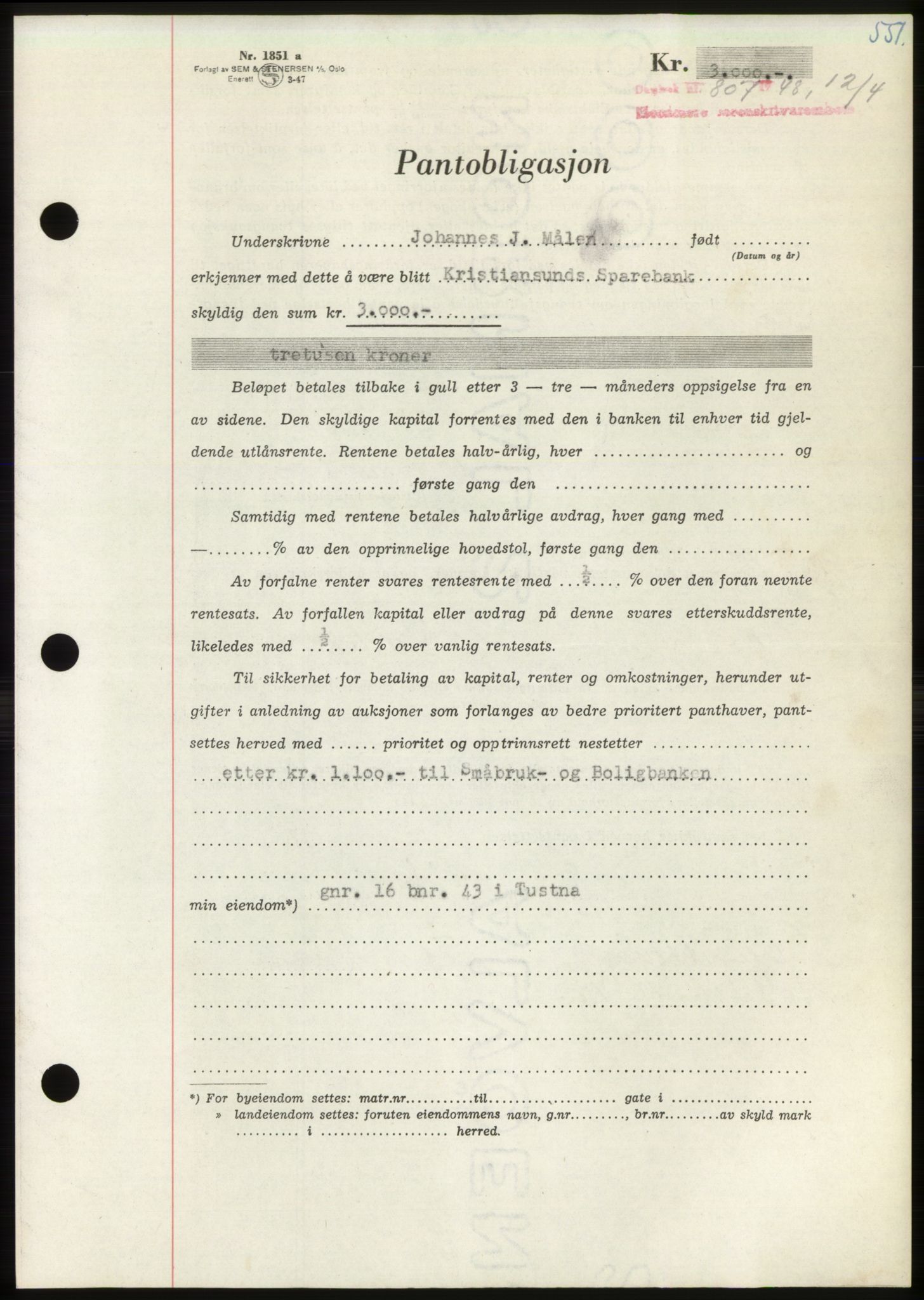 Nordmøre sorenskriveri, AV/SAT-A-4132/1/2/2Ca: Pantebok nr. B98, 1948-1948, Dagboknr: 807/1948