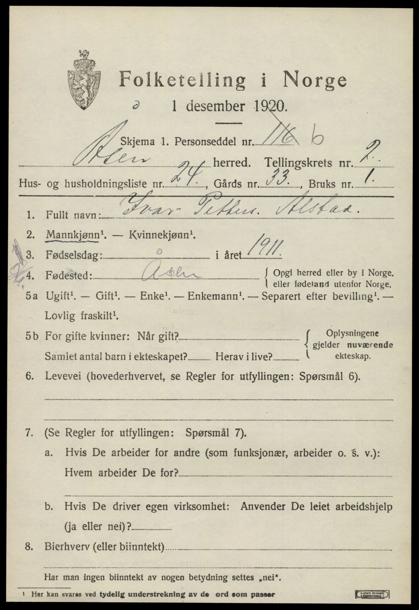 SAT, Folketelling 1920 for 1716 Åsen herred, 1920, s. 1938