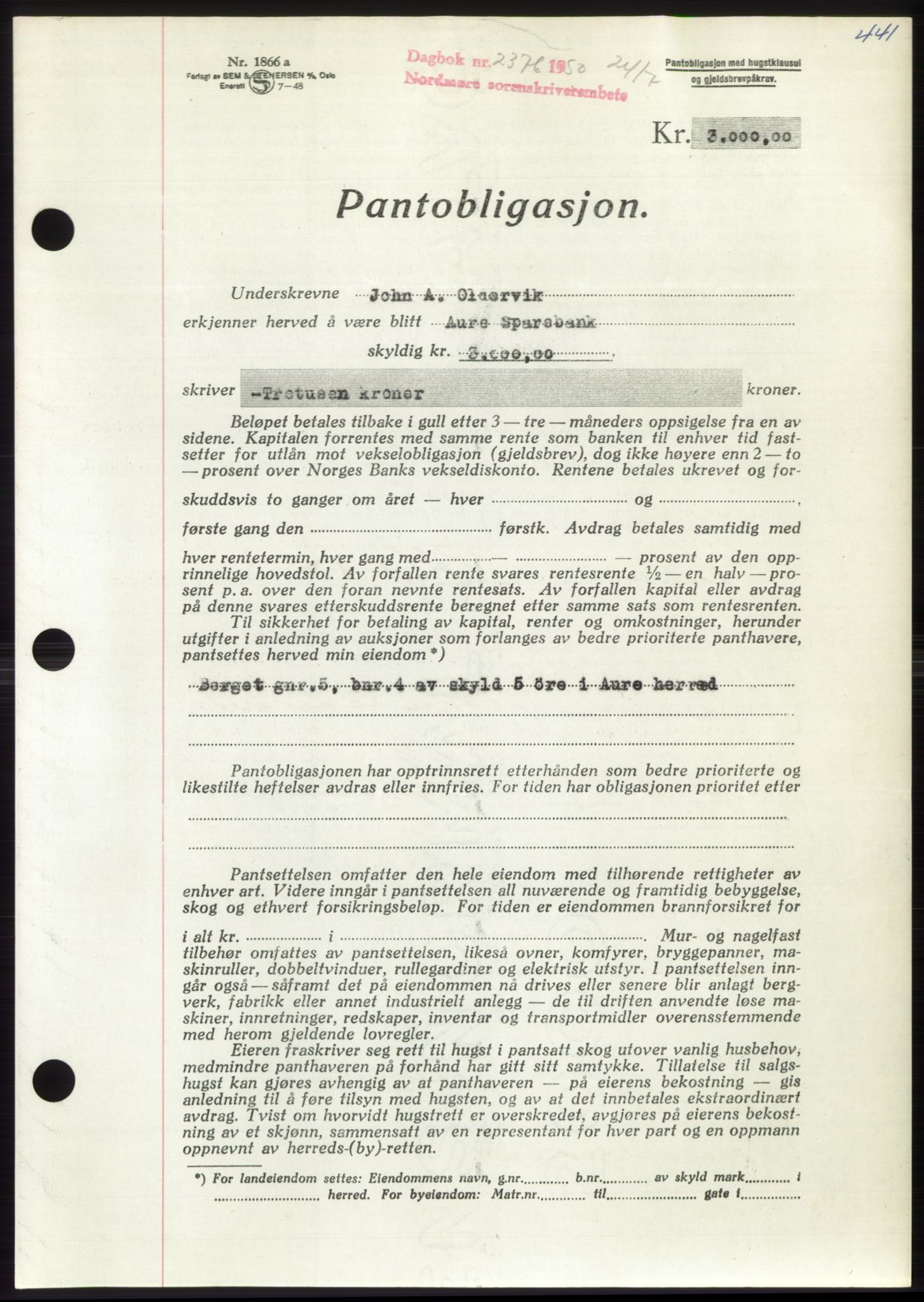 Nordmøre sorenskriveri, AV/SAT-A-4132/1/2/2Ca: Pantebok nr. B105, 1950-1950, Dagboknr: 2376/1950