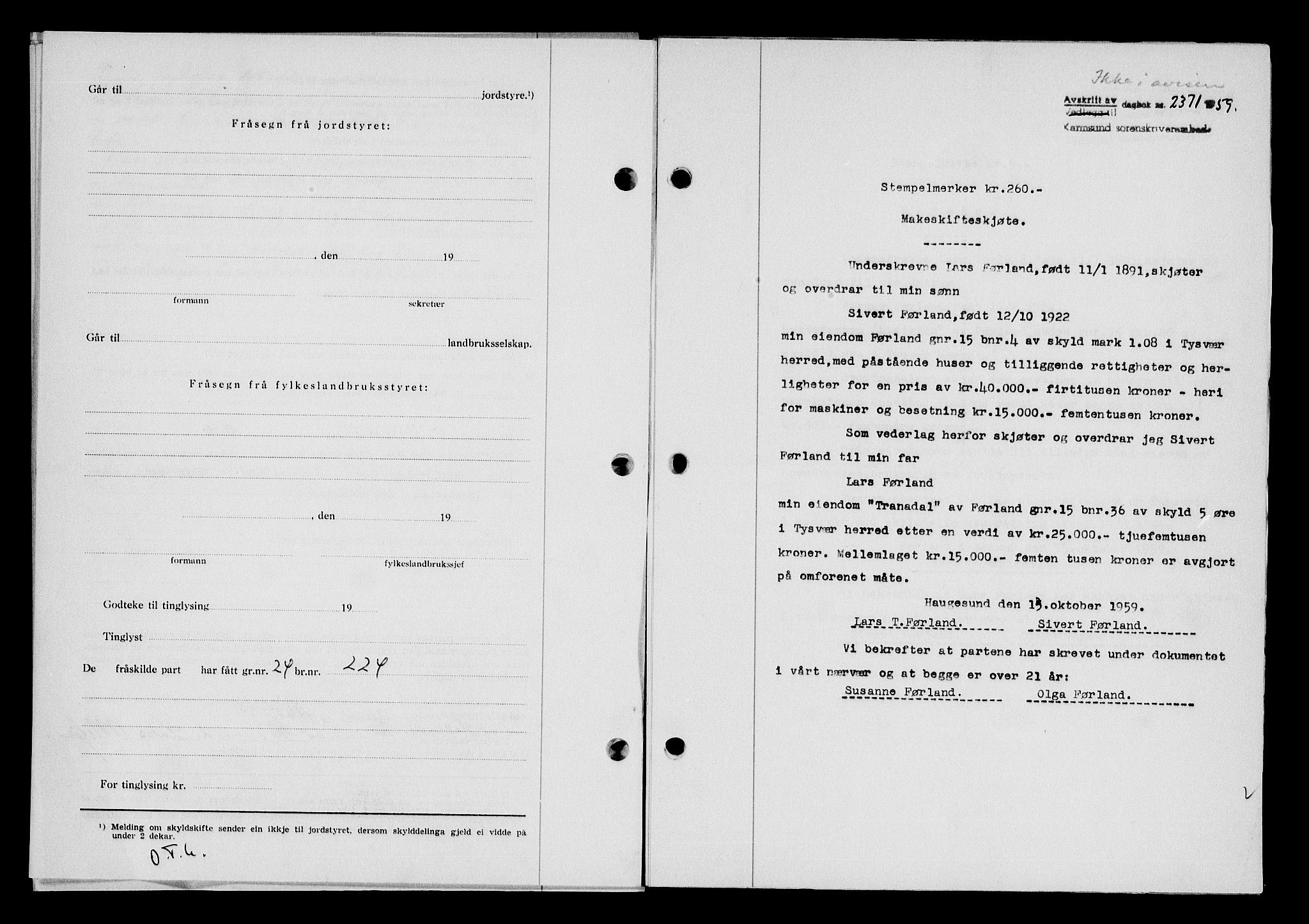 Karmsund sorenskriveri, SAST/A-100311/01/II/IIB/L0132: Pantebok nr. 112A, 1959-1959, Dagboknr: 2371/1959