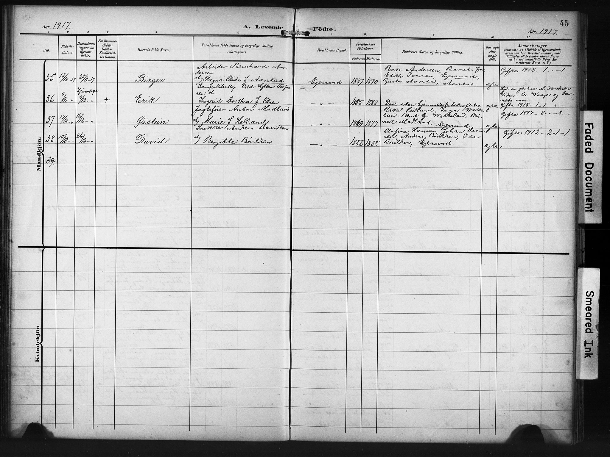 Eigersund sokneprestkontor, AV/SAST-A-101807/S09/L0012: Klokkerbok nr. B 12, 1908-1930, s. 45