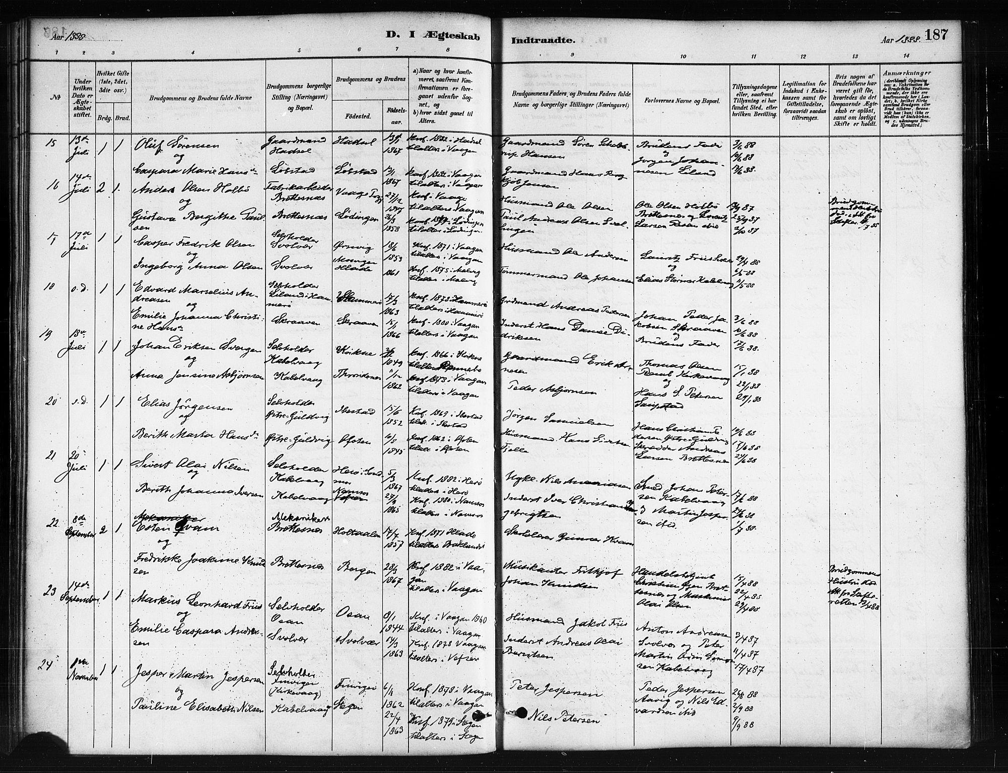 Ministerialprotokoller, klokkerbøker og fødselsregistre - Nordland, SAT/A-1459/874/L1059: Ministerialbok nr. 874A03, 1884-1890, s. 187