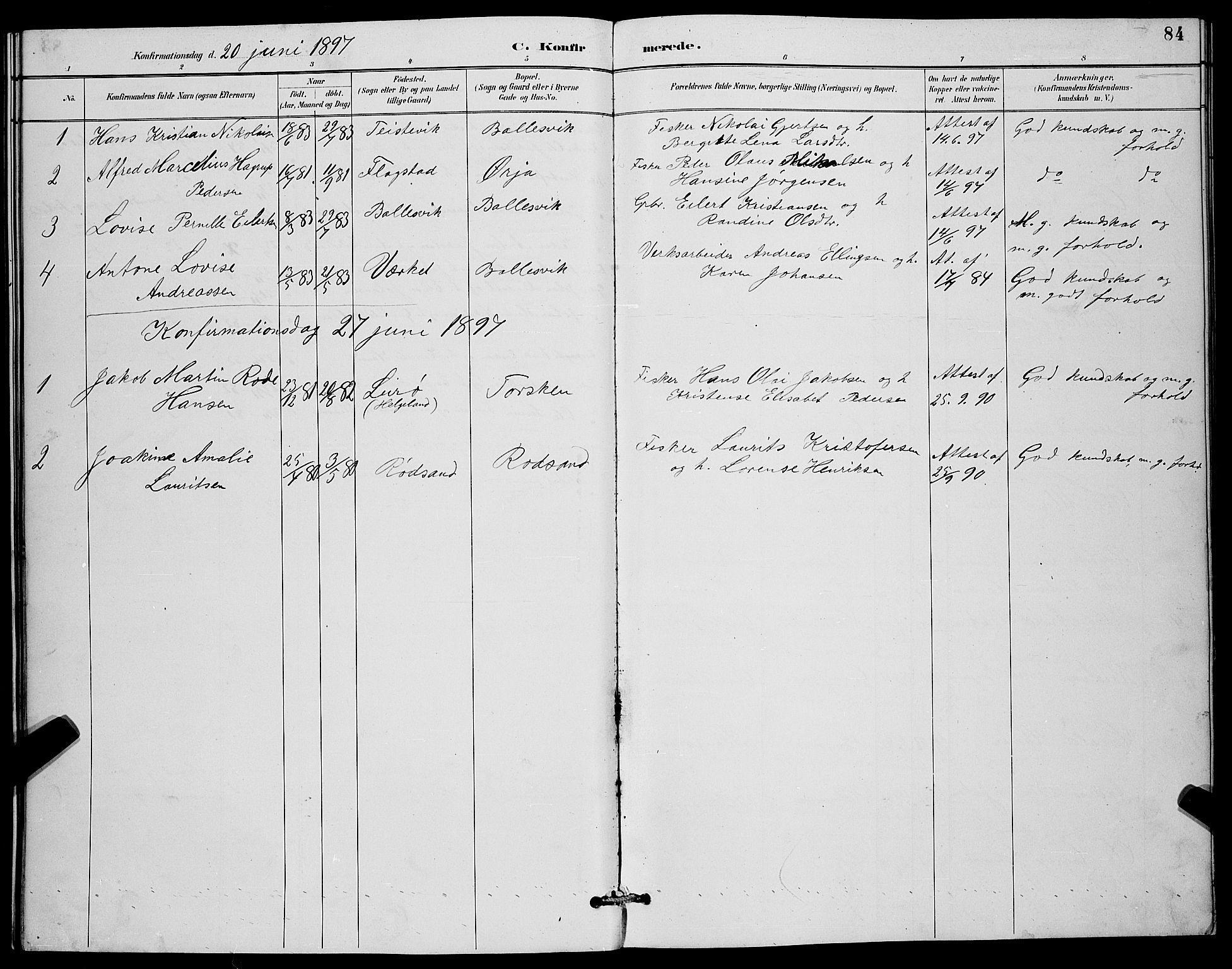 Berg sokneprestkontor, AV/SATØ-S-1318/G/Ga/Gab/L0012klokker: Klokkerbok nr. 12, 1887-1902, s. 84