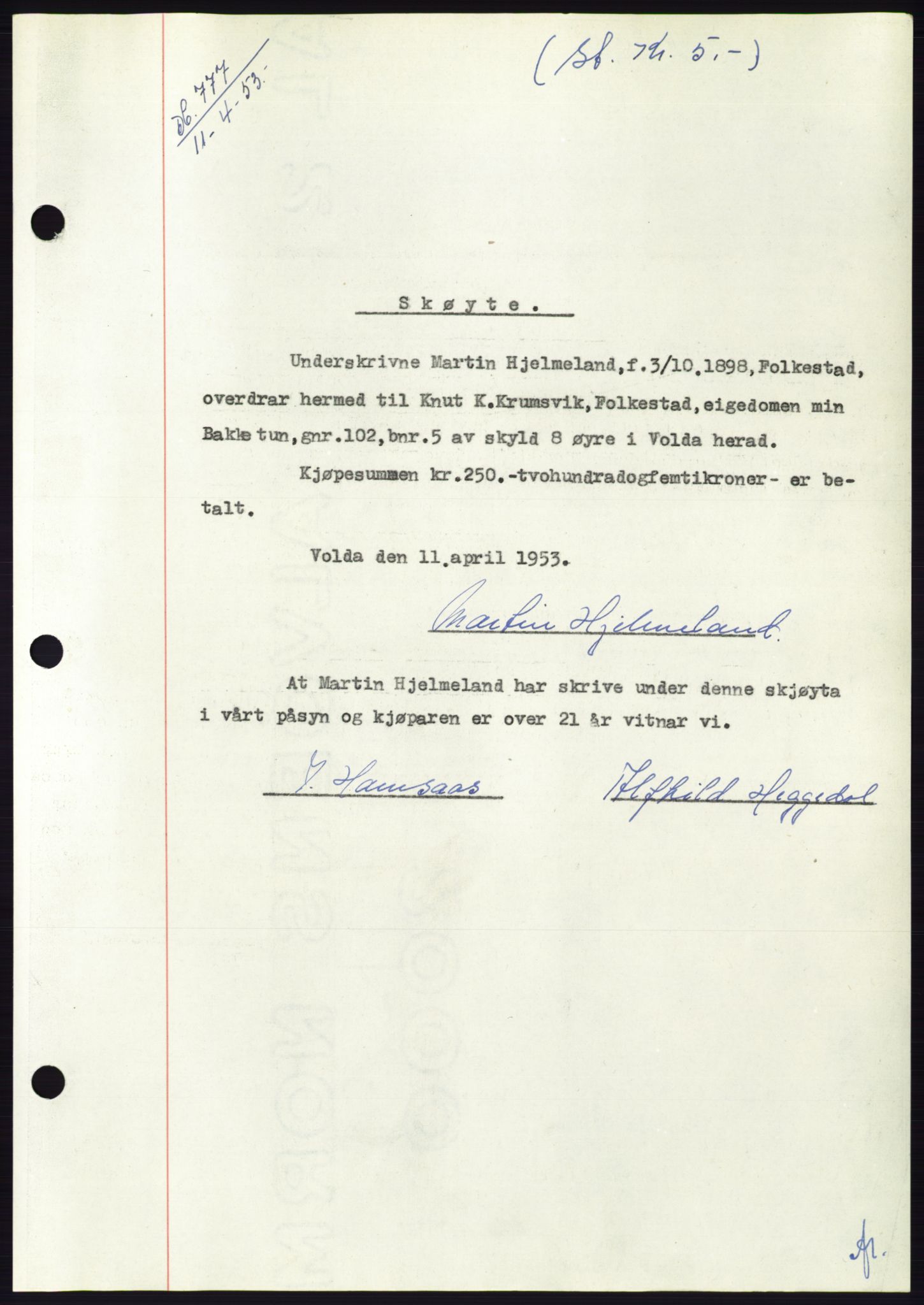Søre Sunnmøre sorenskriveri, SAT/A-4122/1/2/2C/L0094: Pantebok nr. 20A, 1953-1953, Dagboknr: 777/1953