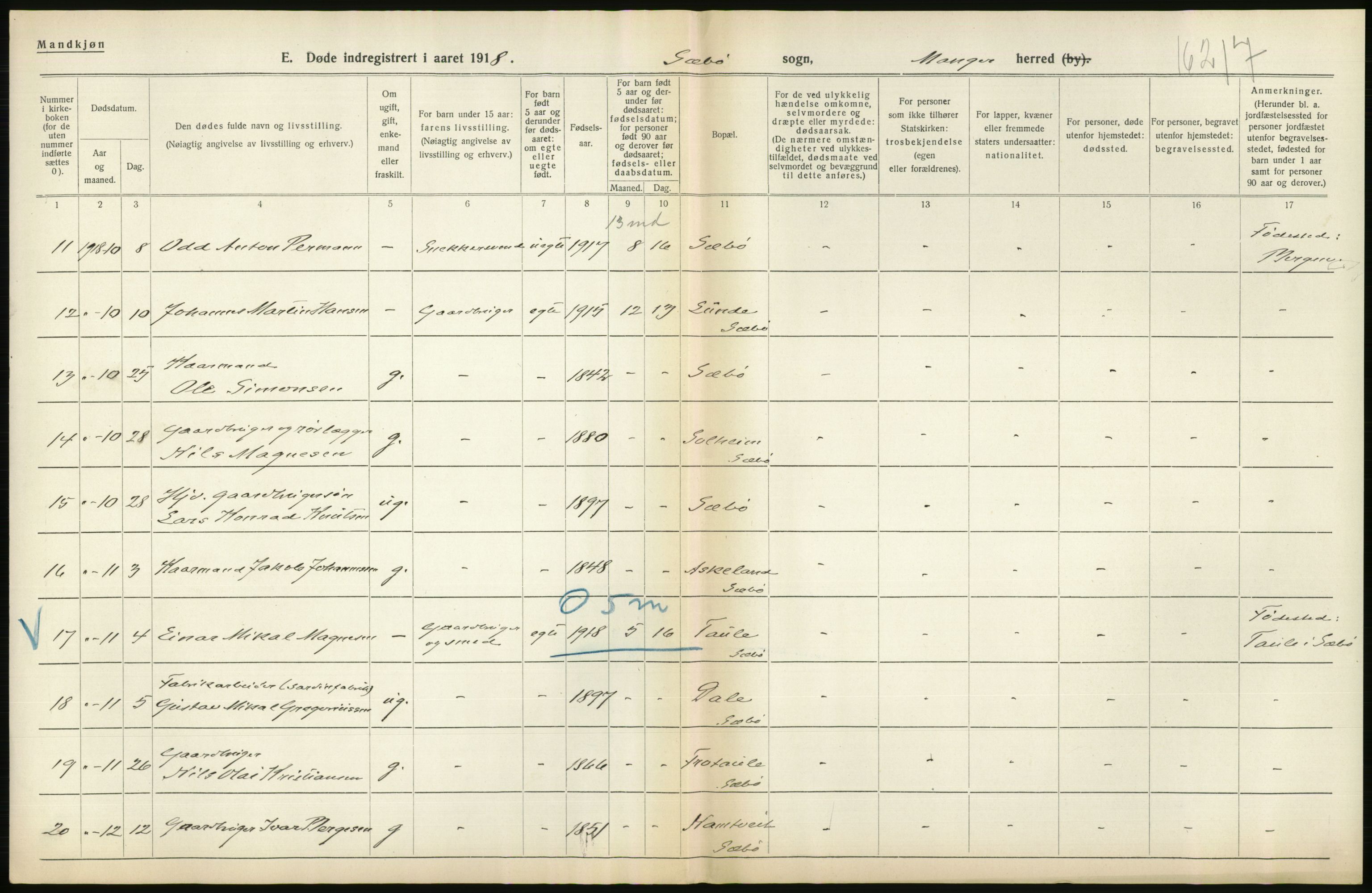 Statistisk sentralbyrå, Sosiodemografiske emner, Befolkning, RA/S-2228/D/Df/Dfb/Dfbh/L0036: Hordaland fylke: Døde., 1918, s. 274