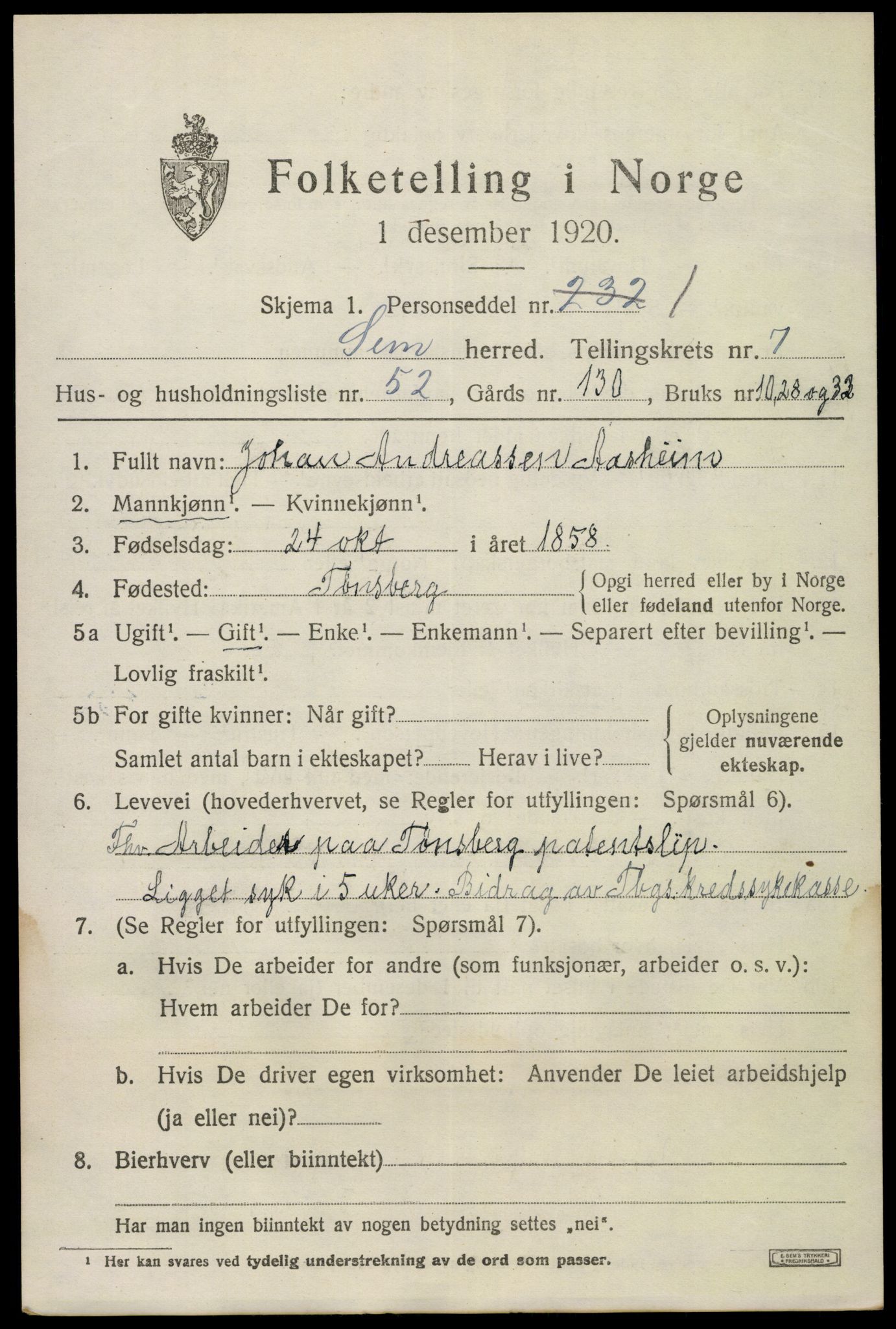 SAKO, Folketelling 1920 for 0721 Sem herred, 1920, s. 10805