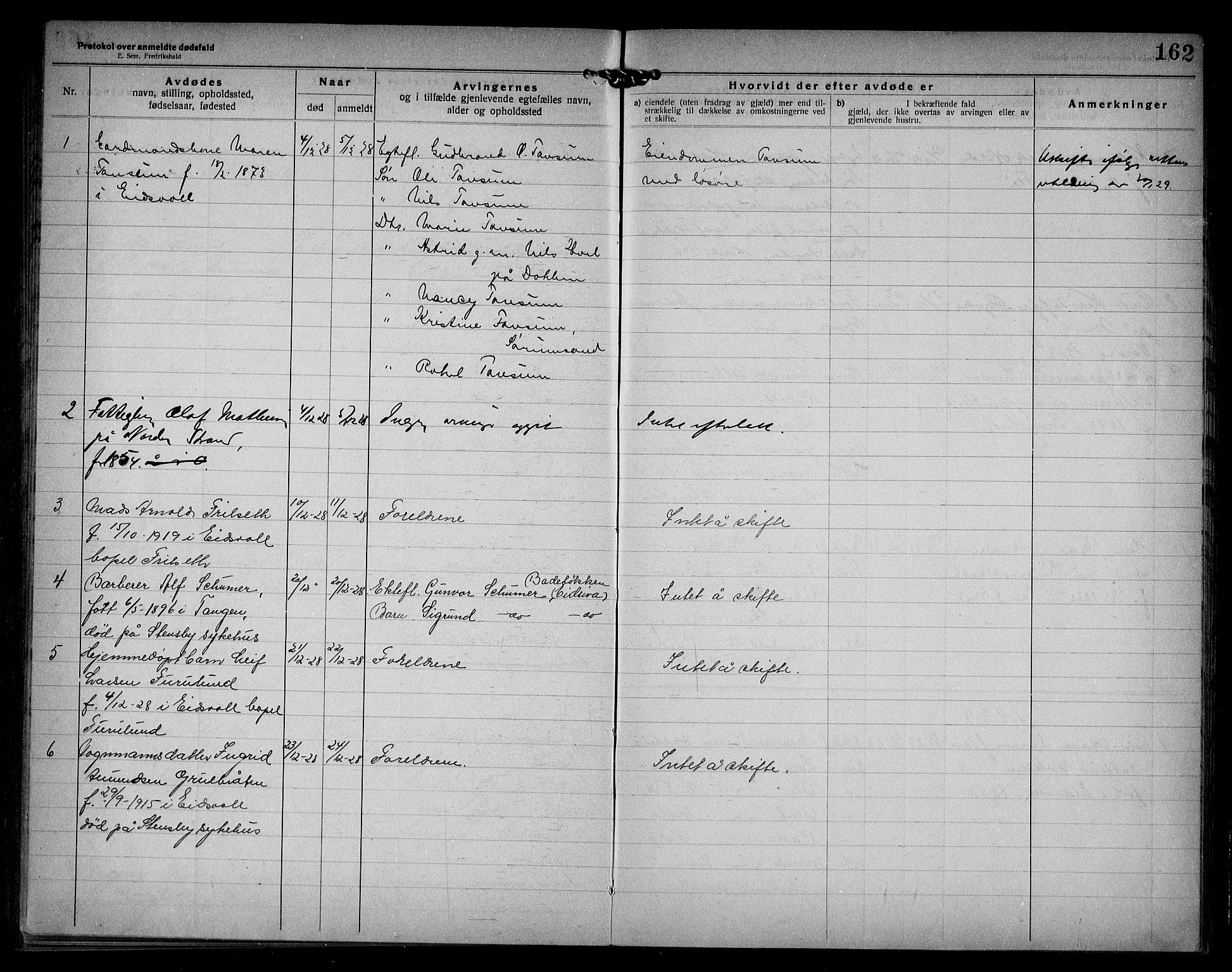Eidsvoll lensmannskontor, AV/SAO-A-10266a/H/Ha/Haa/L0005: Dødsfallprotokoll, 1921-1930, s. 162