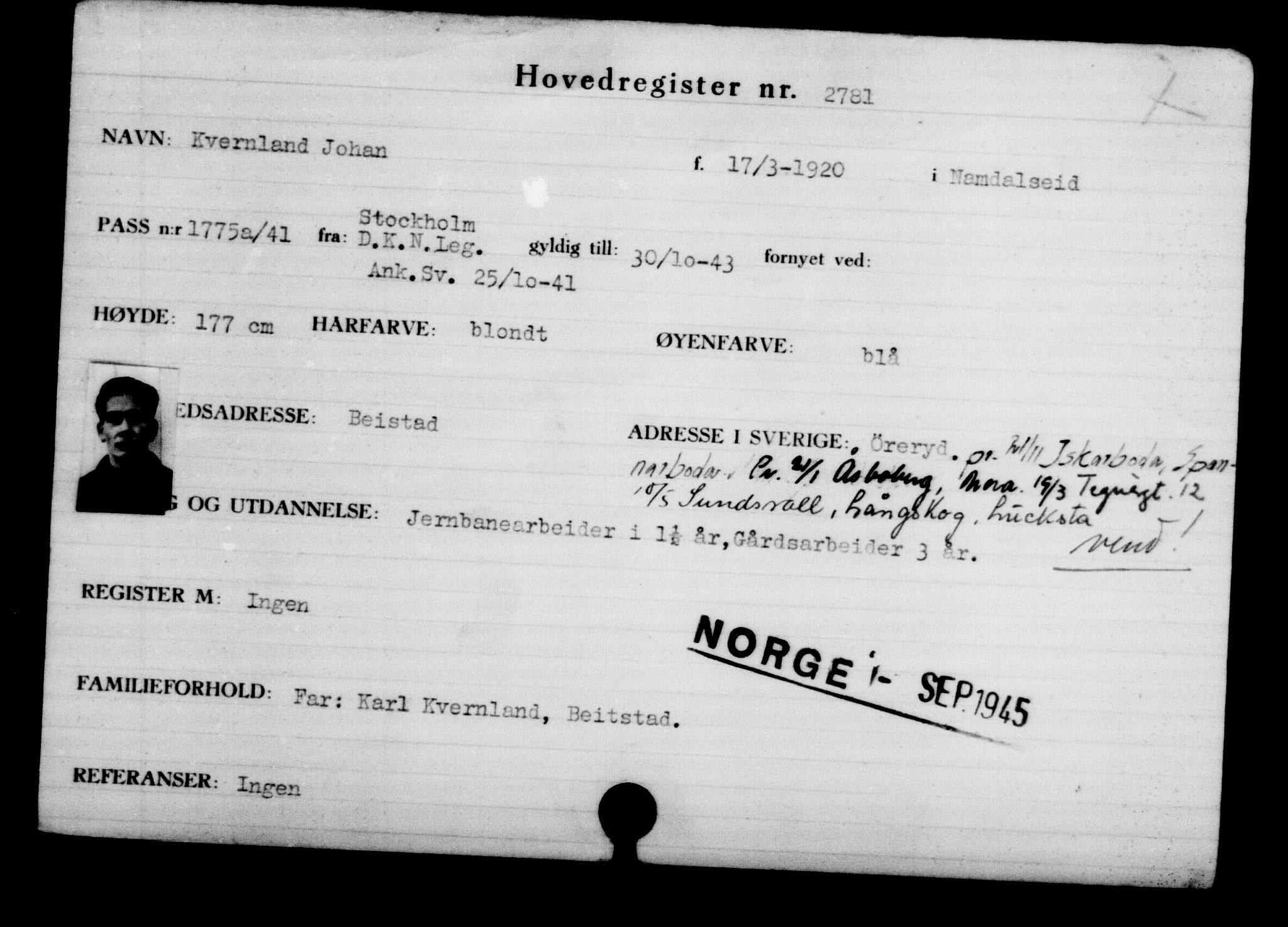 Utenriksstasjonene, Legasjonen i Stockholm, Flyktningkontoret, AV/RA-S-6753/V/Va/L0003: Kjesäterkartoteket, flyktninger med registreringsnr. 2001-3495, 1940-1945, s. 1173