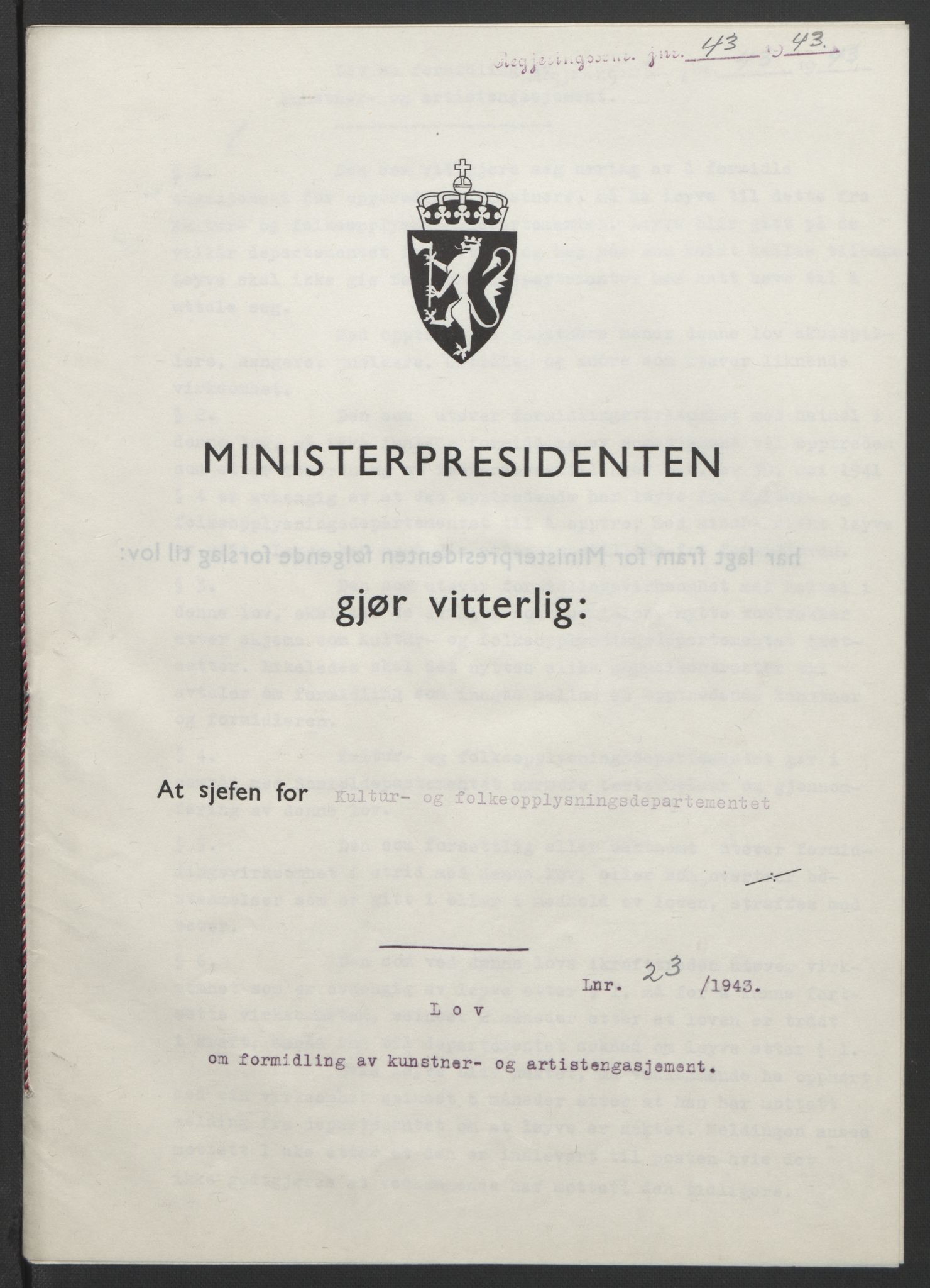 NS-administrasjonen 1940-1945 (Statsrådsekretariatet, de kommisariske statsråder mm), AV/RA-S-4279/D/Db/L0099: Lover, 1943, s. 93
