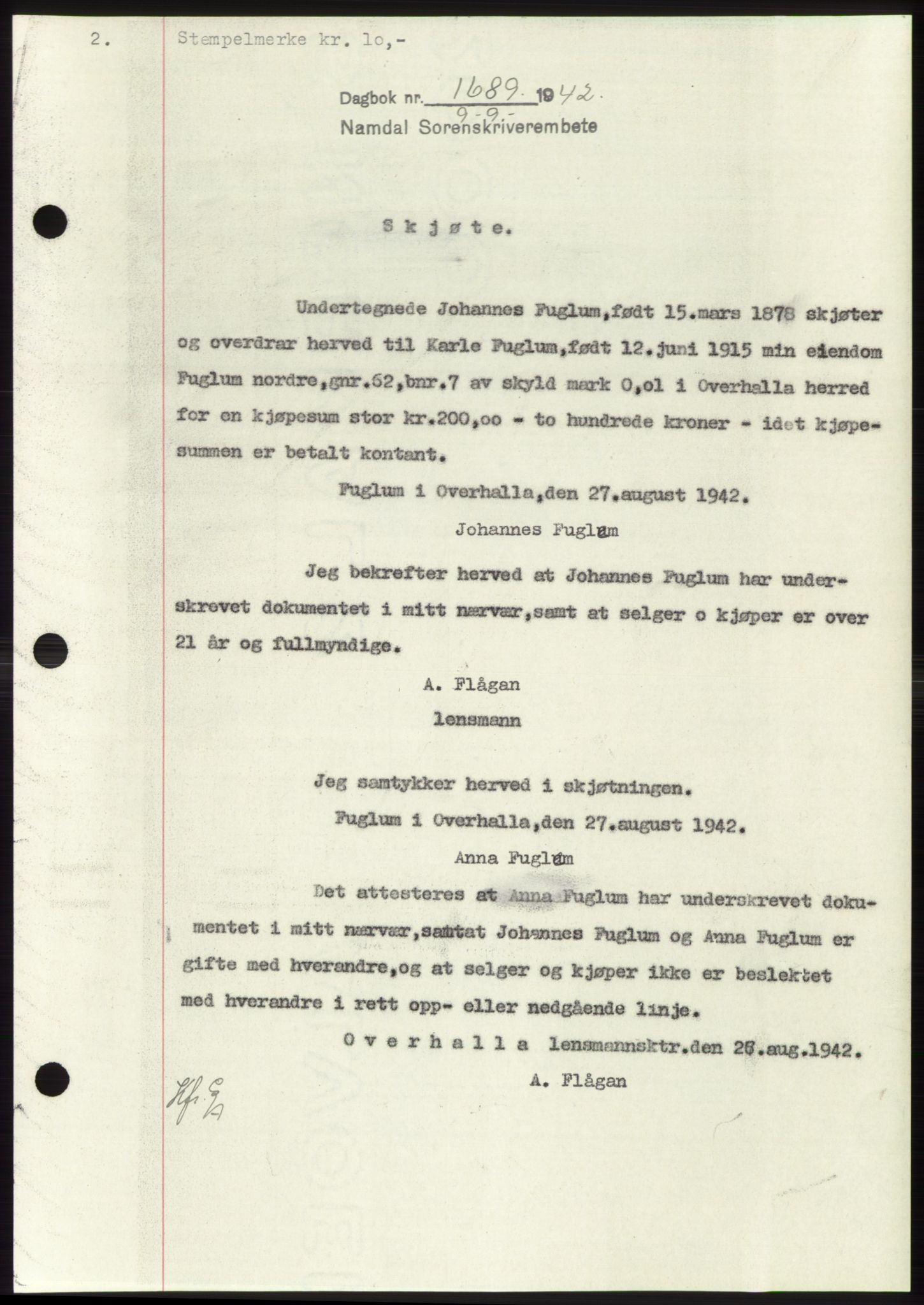Namdal sorenskriveri, SAT/A-4133/1/2/2C: Pantebok nr. -, 1942-1943, Dagboknr: 1689/1942