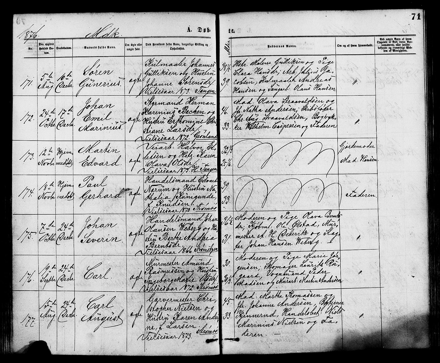 Strømsø kirkebøker, AV/SAKO-A-246/F/Fa/L0019: Ministerialbok nr. I 19, 1874-1877, s. 71