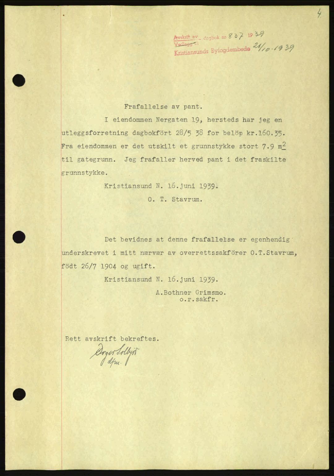 Kristiansund byfogd, SAT/A-4587/A/27: Pantebok nr. 33, 1939-1941, Dagboknr: 837/1939