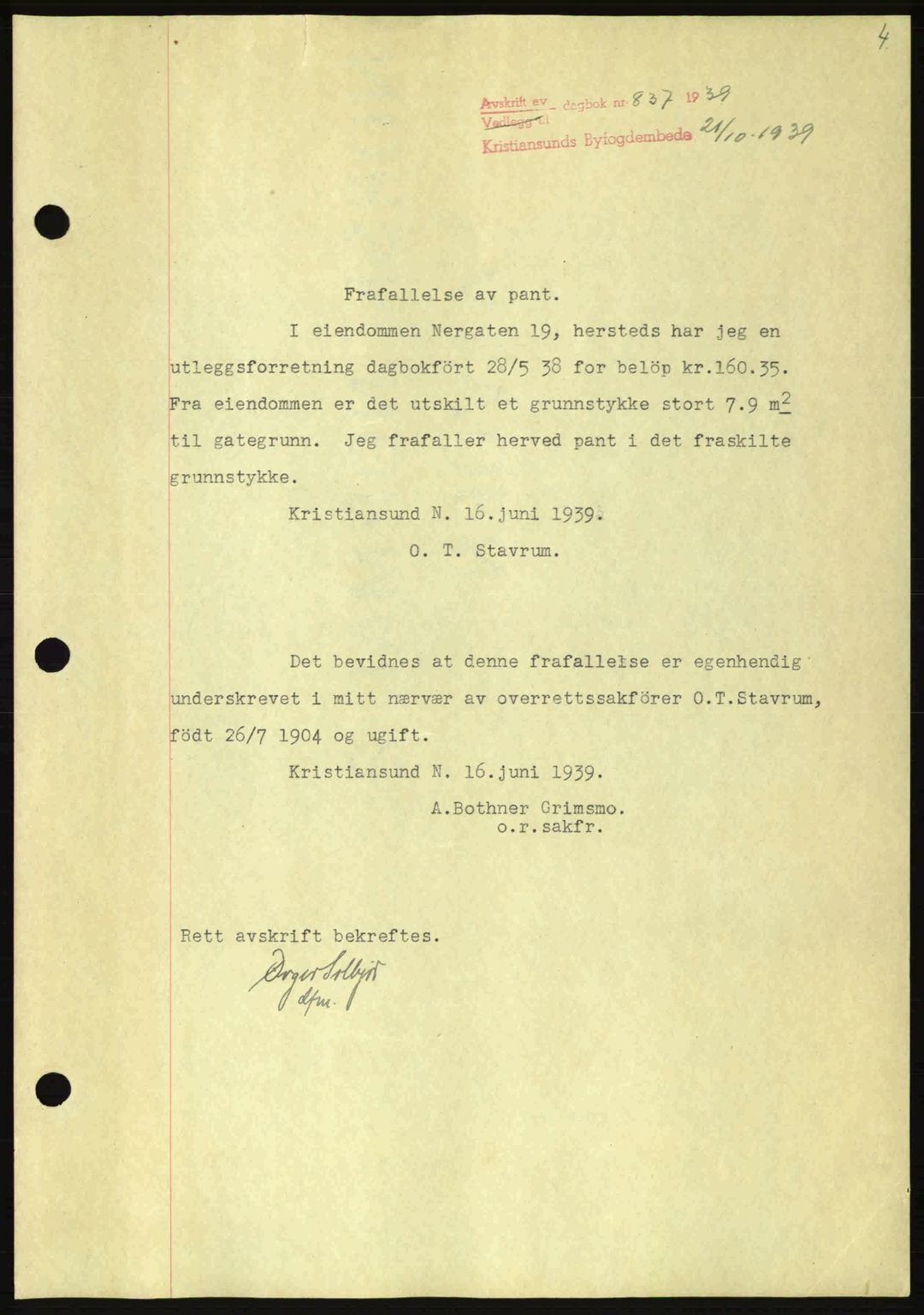Kristiansund byfogd, AV/SAT-A-4587/A/27: Pantebok nr. 33, 1939-1941, Dagboknr: 837/1939