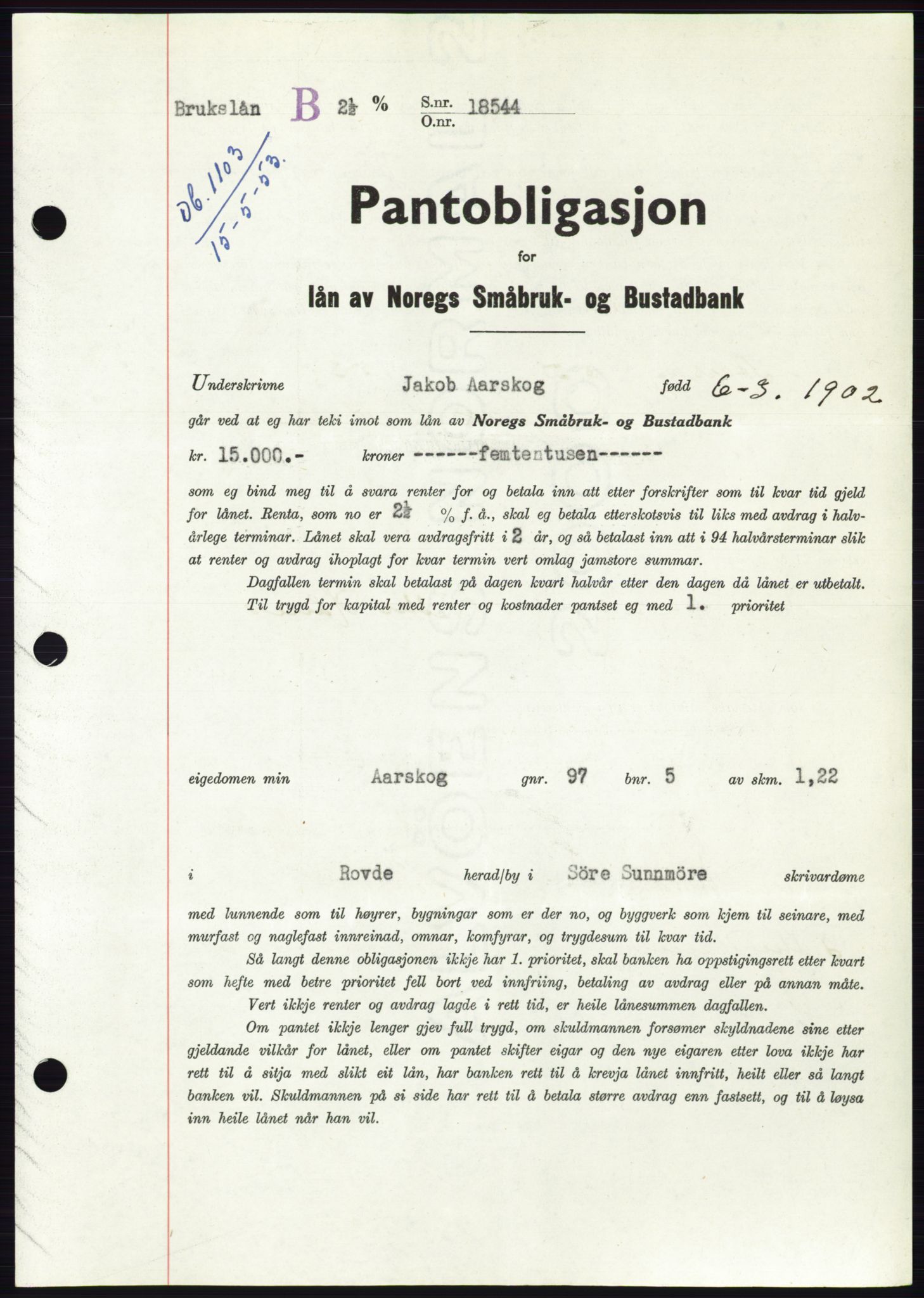 Søre Sunnmøre sorenskriveri, SAT/A-4122/1/2/2C/L0123: Pantebok nr. 11B, 1953-1953, Dagboknr: 1103/1953