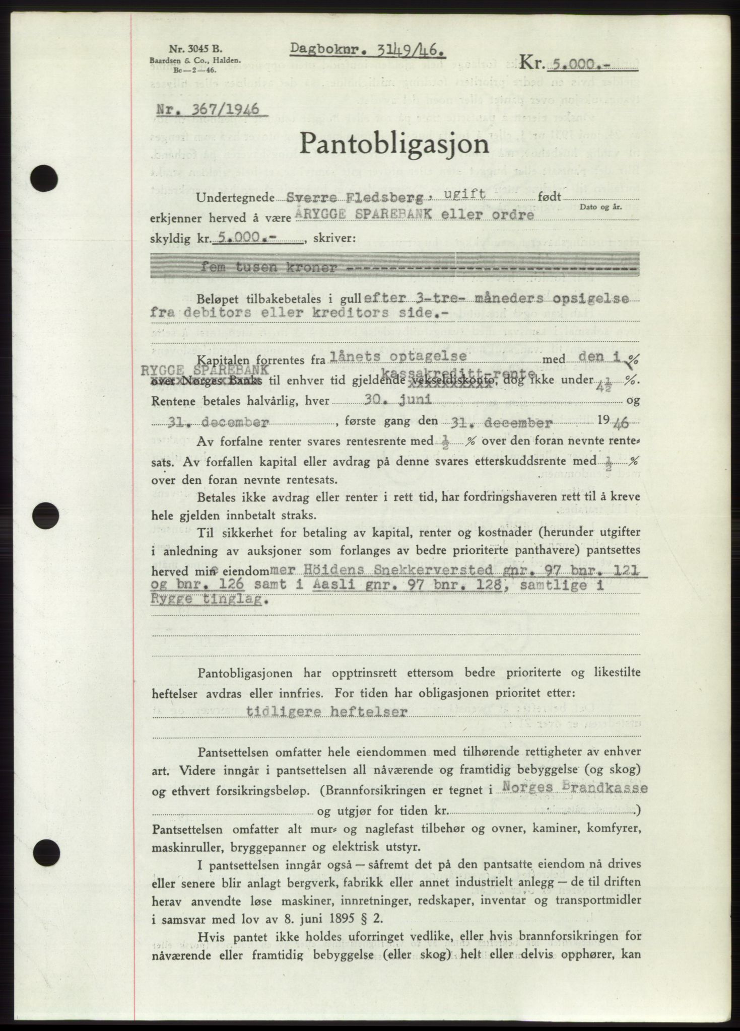 Moss sorenskriveri, SAO/A-10168: Pantebok nr. B16, 1946-1947, Dagboknr: 3149/1946