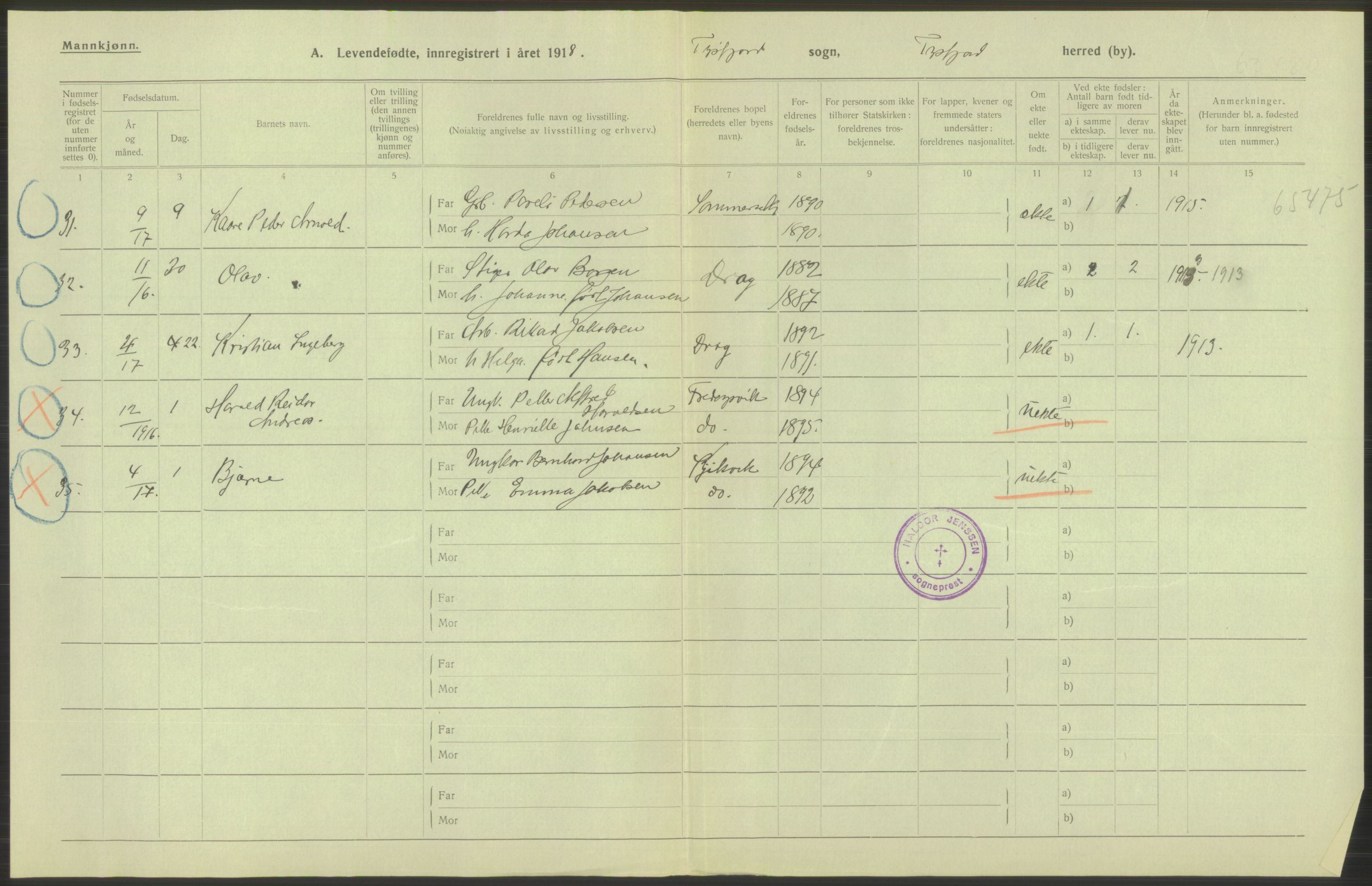 Statistisk sentralbyrå, Sosiodemografiske emner, Befolkning, AV/RA-S-2228/D/Df/Dfb/Dfbh/L0052: Nordland fylke: Levendefødte menn og kvinner. Bygder., 1918, s. 434