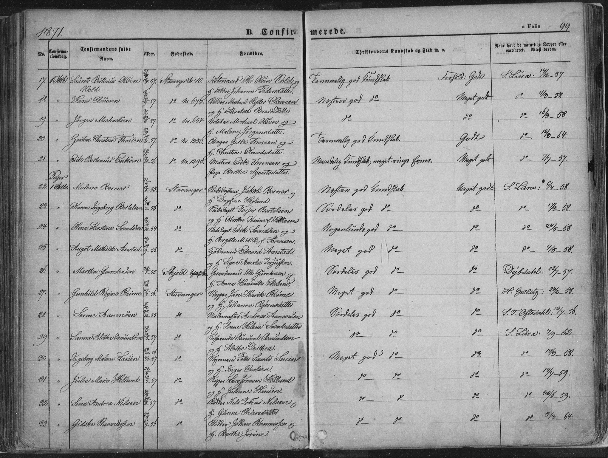 Domkirken sokneprestkontor, SAST/A-101812/001/30/30BA/L0018: Ministerialbok nr. A 17, 1857-1877, s. 99