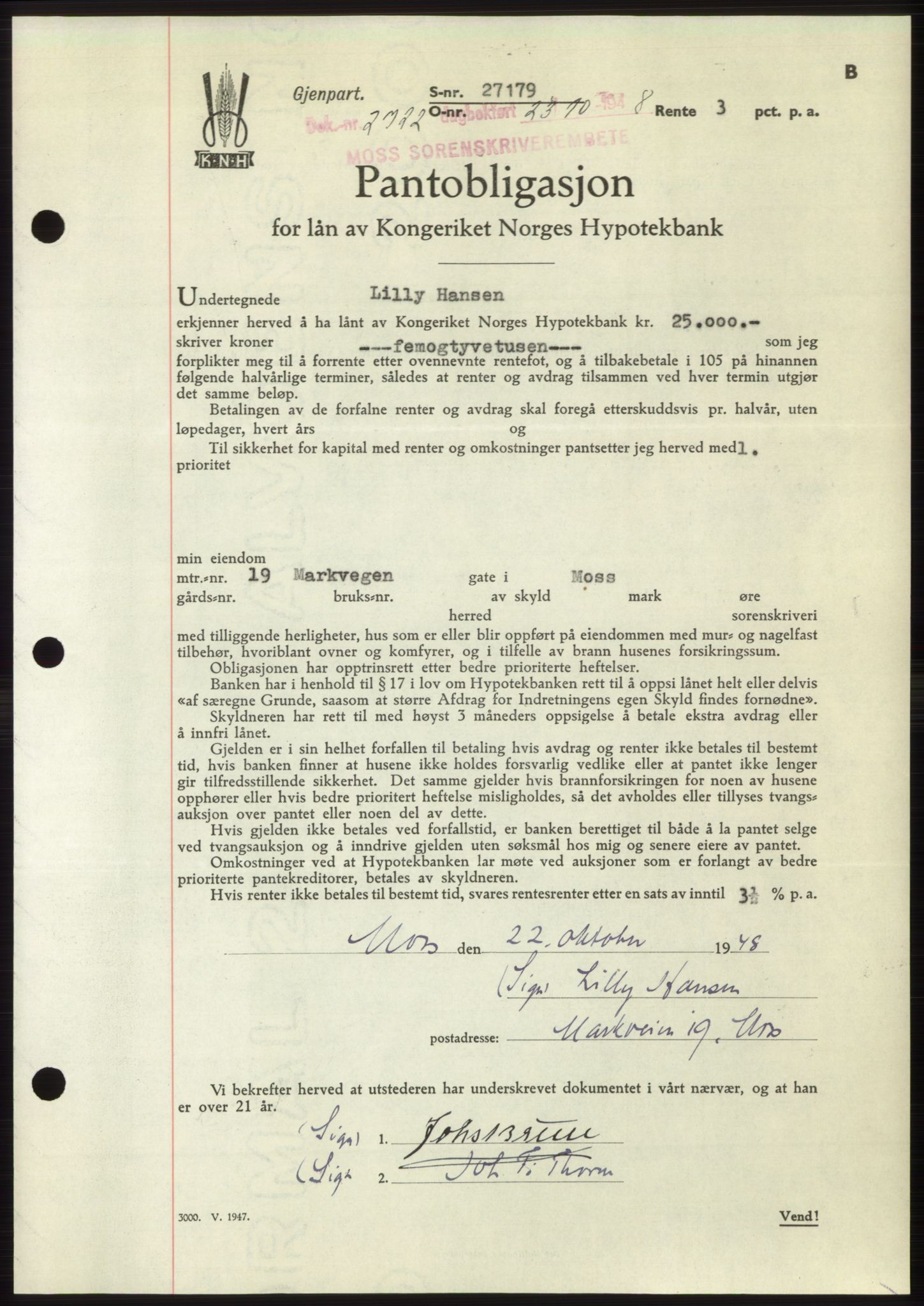 Moss sorenskriveri, AV/SAO-A-10168: Pantebok nr. B20, 1948-1948, Dagboknr: 2722/1948