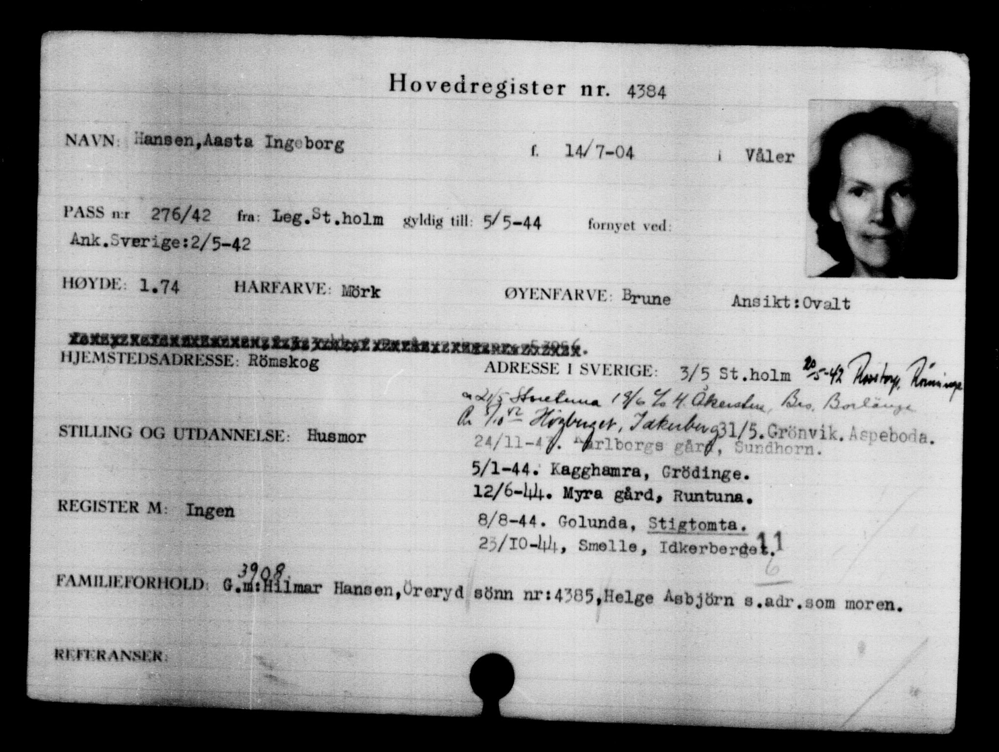Utenriksstasjonene, Legasjonen i Stockholm, Flyktningkontoret, AV/RA-S-6753/V/Va/L0004: Kjesäterkartoteket, flyktninger med registreringsnr. 3496-6610, 1940-1945, s. 1075