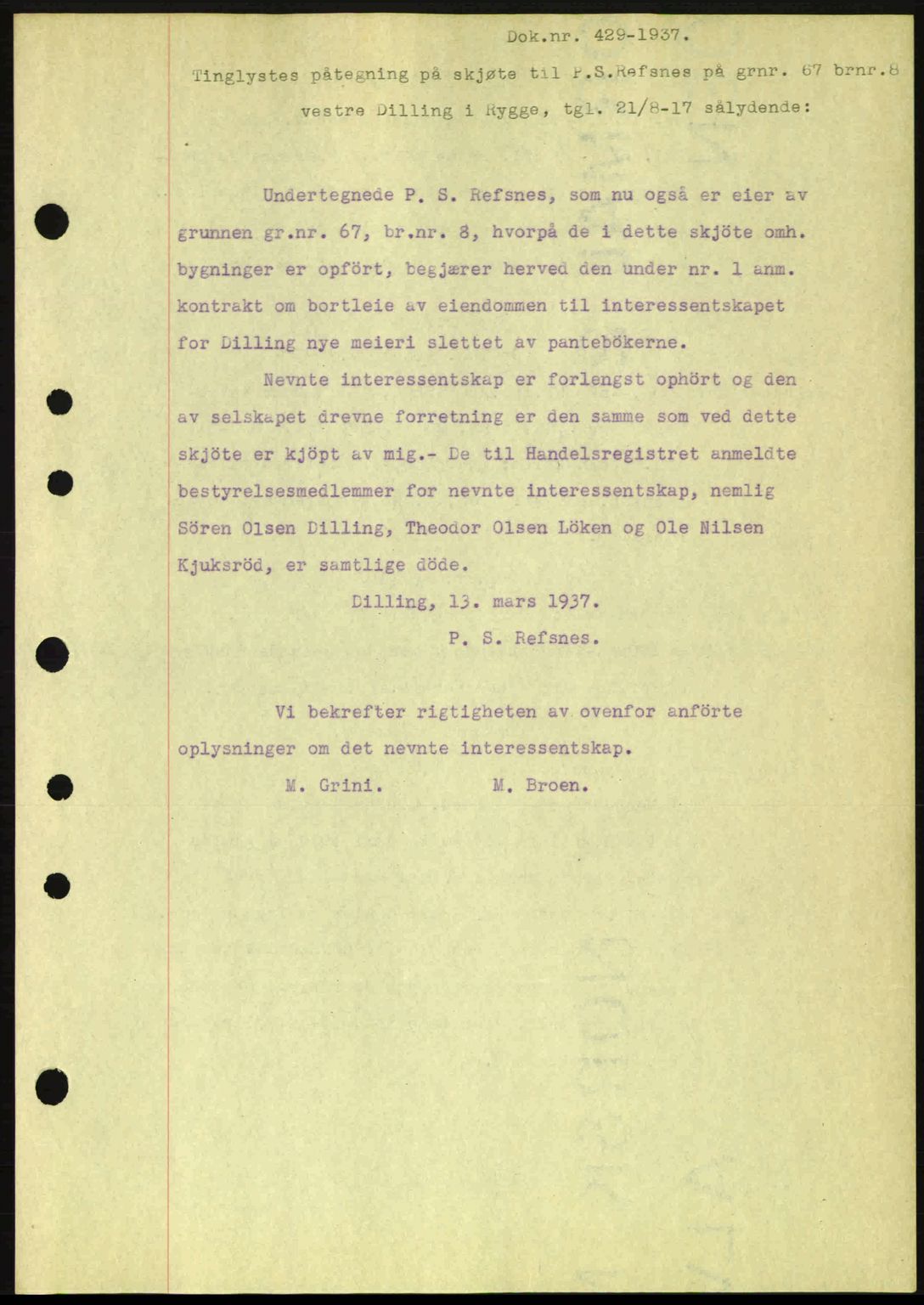 Moss sorenskriveri, SAO/A-10168: Pantebok nr. B3, 1937-1937, Dagboknr: 429/1937