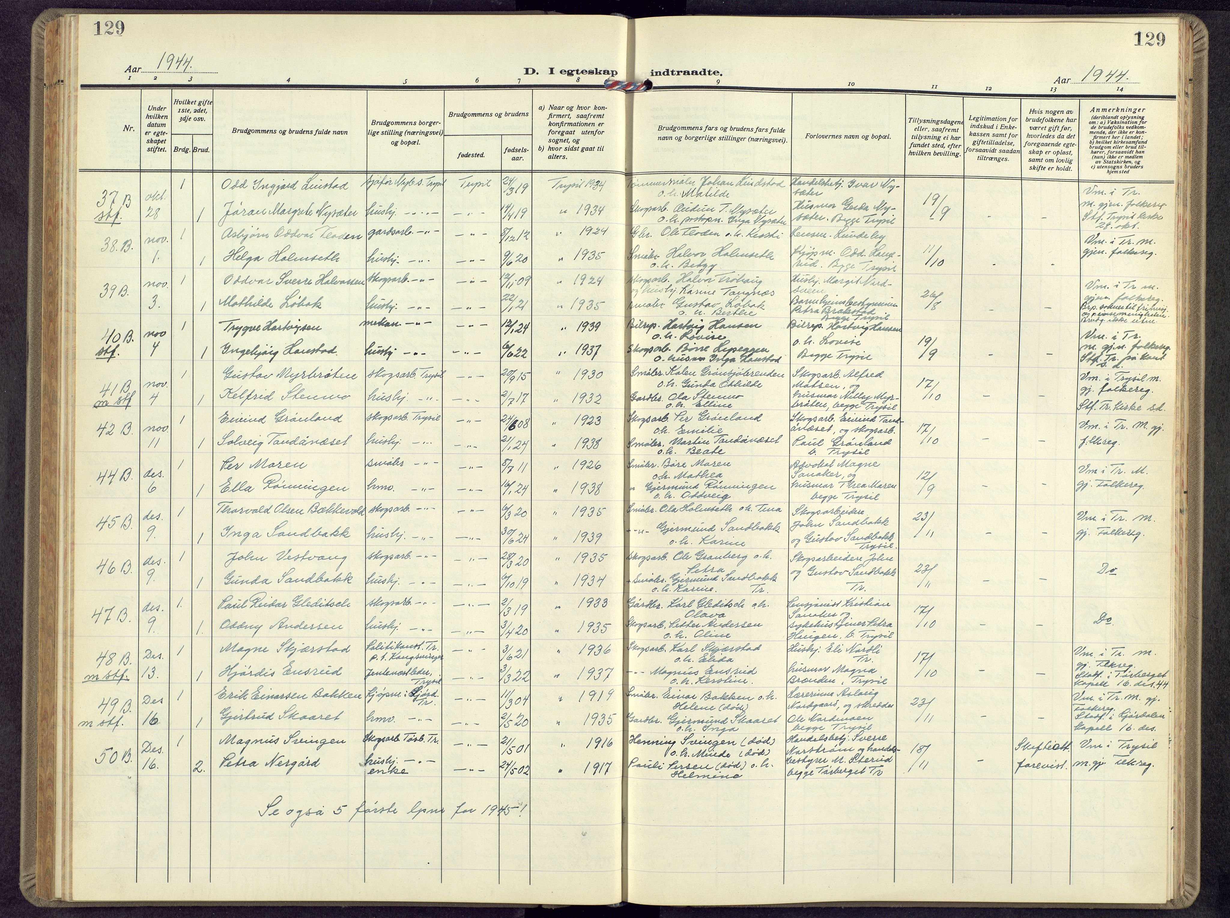 Trysil prestekontor, AV/SAH-PREST-046/H/Ha/Hab/L0012: Klokkerbok nr. 12, 1938-1959, s. 129