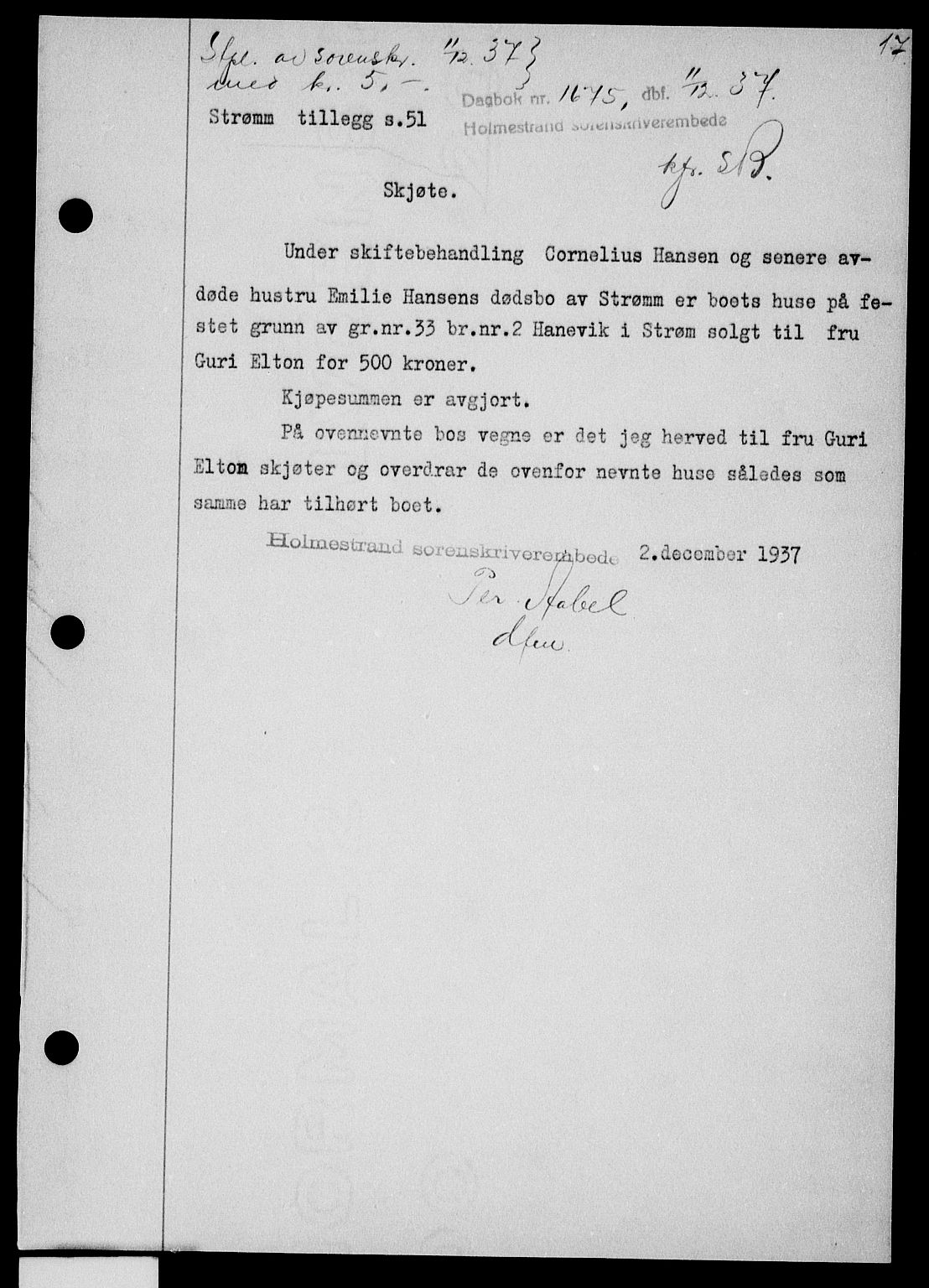 Holmestrand sorenskriveri, SAKO/A-67/G/Ga/Gaa/L0049: Pantebok nr. A-49, 1937-1938, Dagboknr: 1675/1937