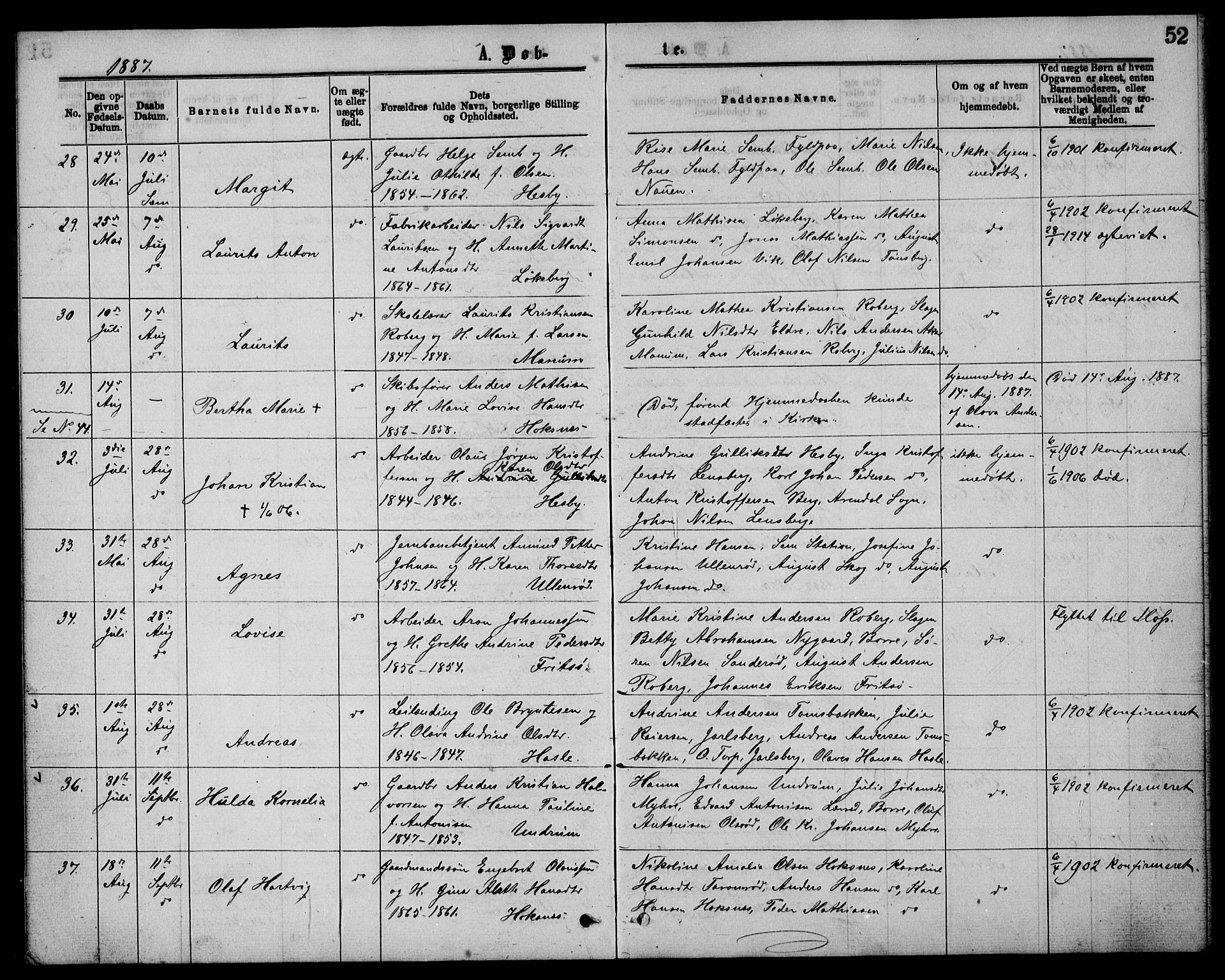 Sem kirkebøker, AV/SAKO-A-5/G/Ga/L0005: Klokkerbok nr. I 5, 1877-1889, s. 52