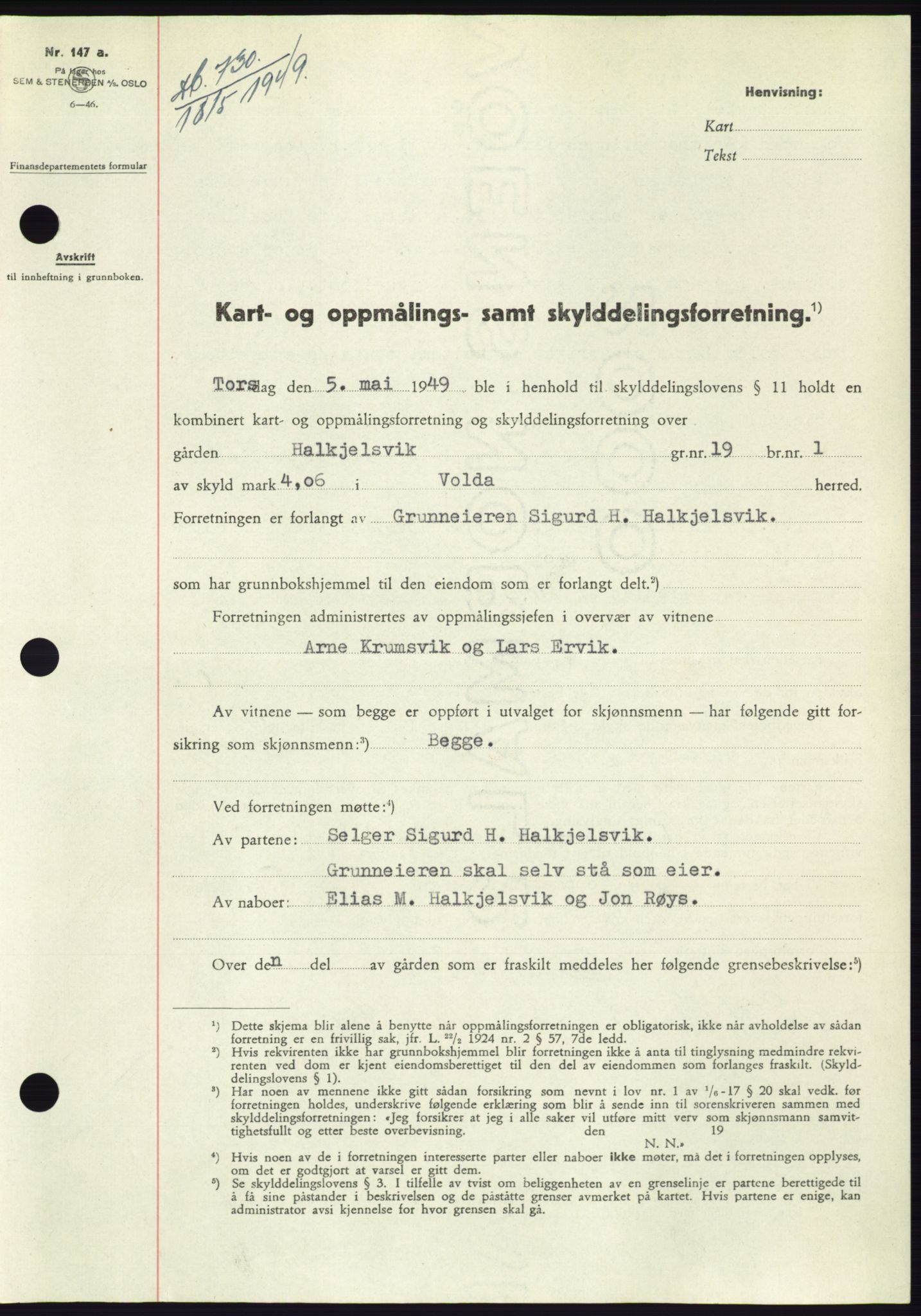 Søre Sunnmøre sorenskriveri, SAT/A-4122/1/2/2C/L0084: Pantebok nr. 10A, 1949-1949, Dagboknr: 730/1949