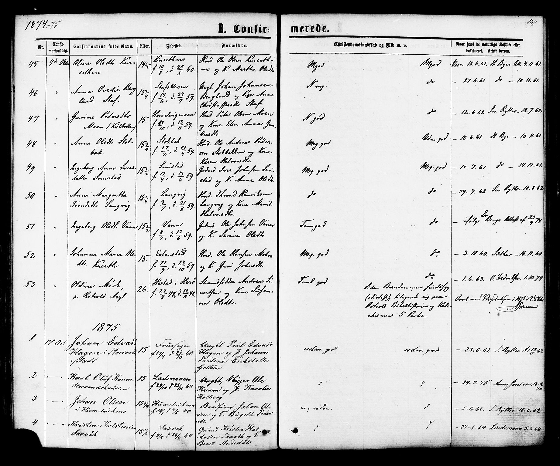 Ministerialprotokoller, klokkerbøker og fødselsregistre - Sør-Trøndelag, SAT/A-1456/616/L0409: Ministerialbok nr. 616A06, 1865-1877, s. 127