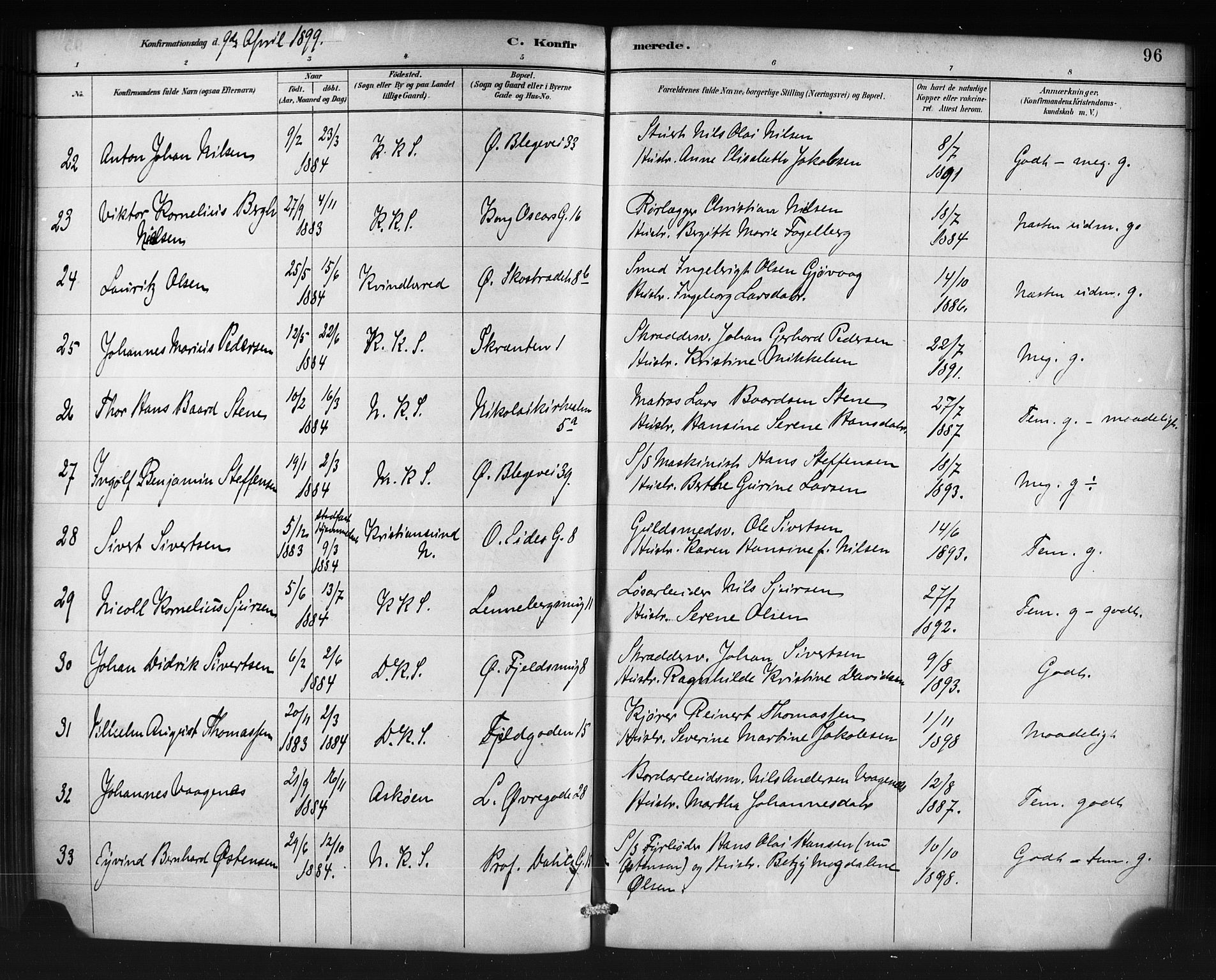 Korskirken sokneprestembete, AV/SAB-A-76101/H/Haa/L0071: Residerende kapellans bok nr. A 6, 1885-1912, s. 96