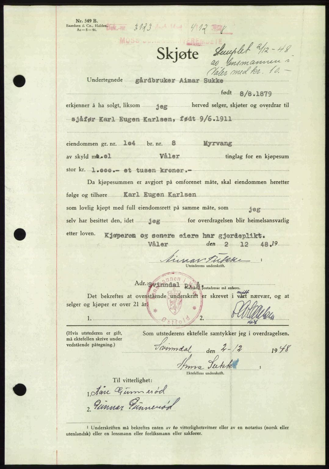 Moss sorenskriveri, SAO/A-10168: Pantebok nr. A20, 1948-1948, Dagboknr: 3123/1948