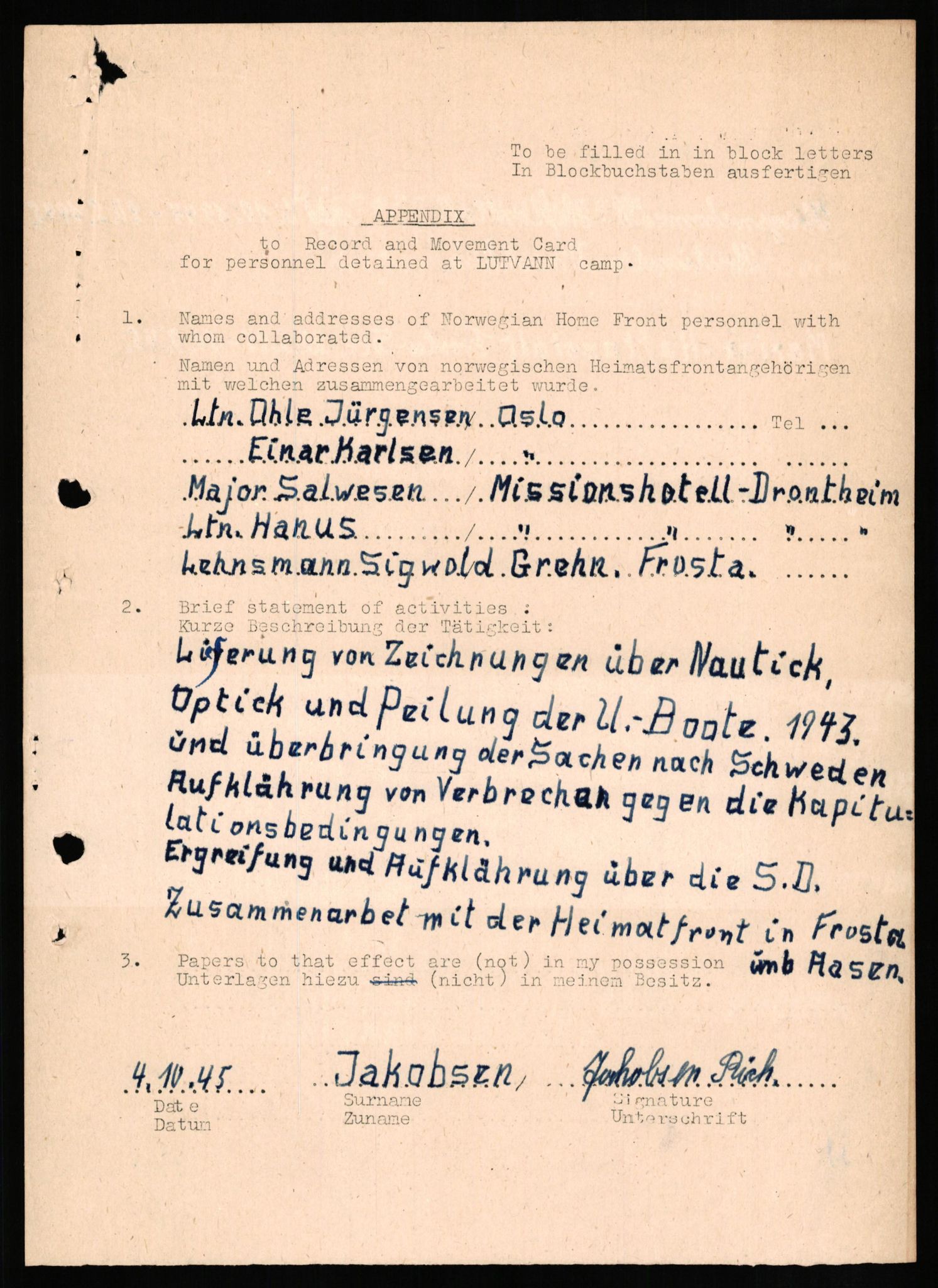 Forsvaret, Forsvarets overkommando II, RA/RAFA-3915/D/Db/L0014: CI Questionaires. Tyske okkupasjonsstyrker i Norge. Tyskere., 1945-1946, s. 489