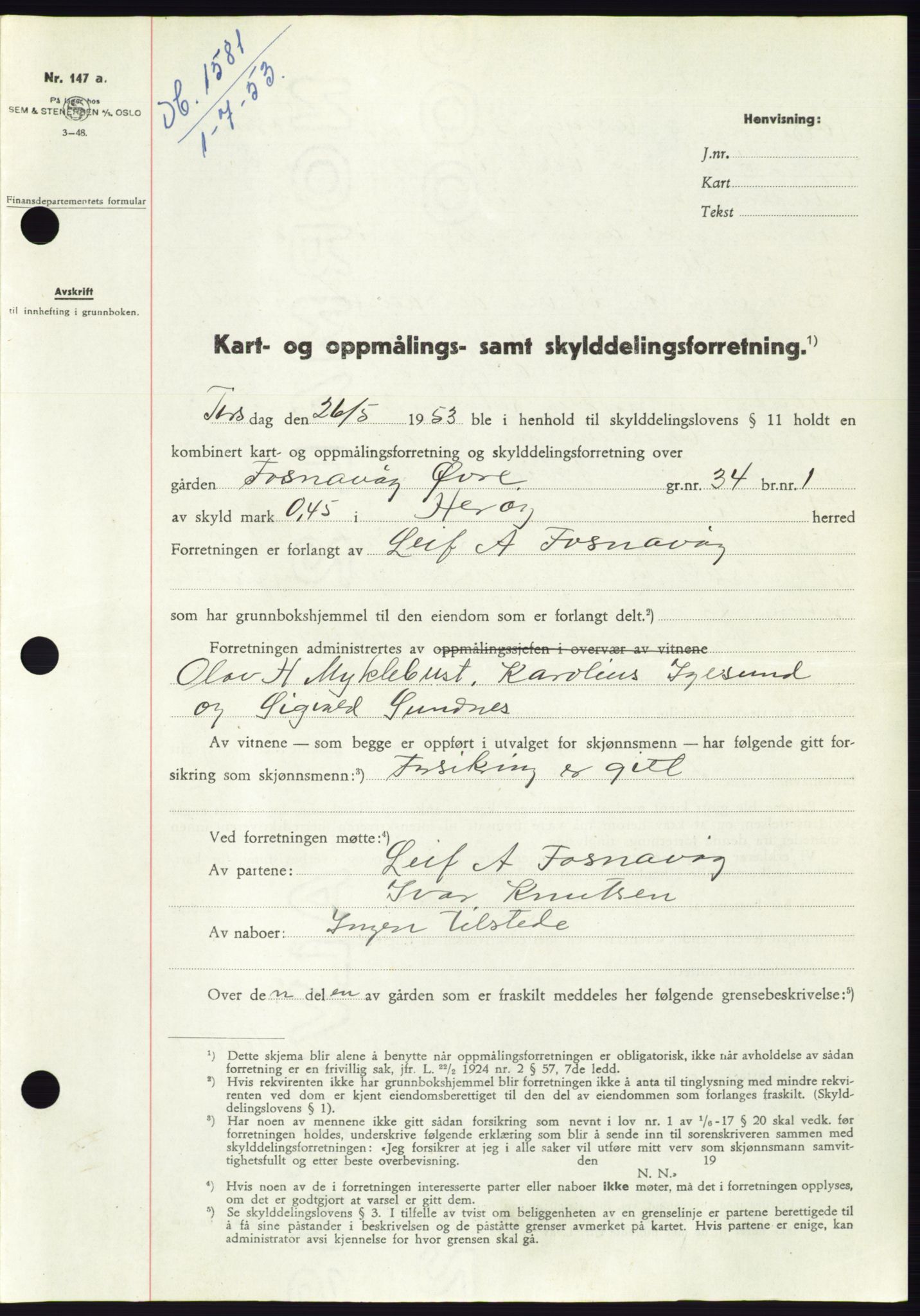 Søre Sunnmøre sorenskriveri, AV/SAT-A-4122/1/2/2C/L0095: Pantebok nr. 21A, 1953-1953, Dagboknr: 1581/1953