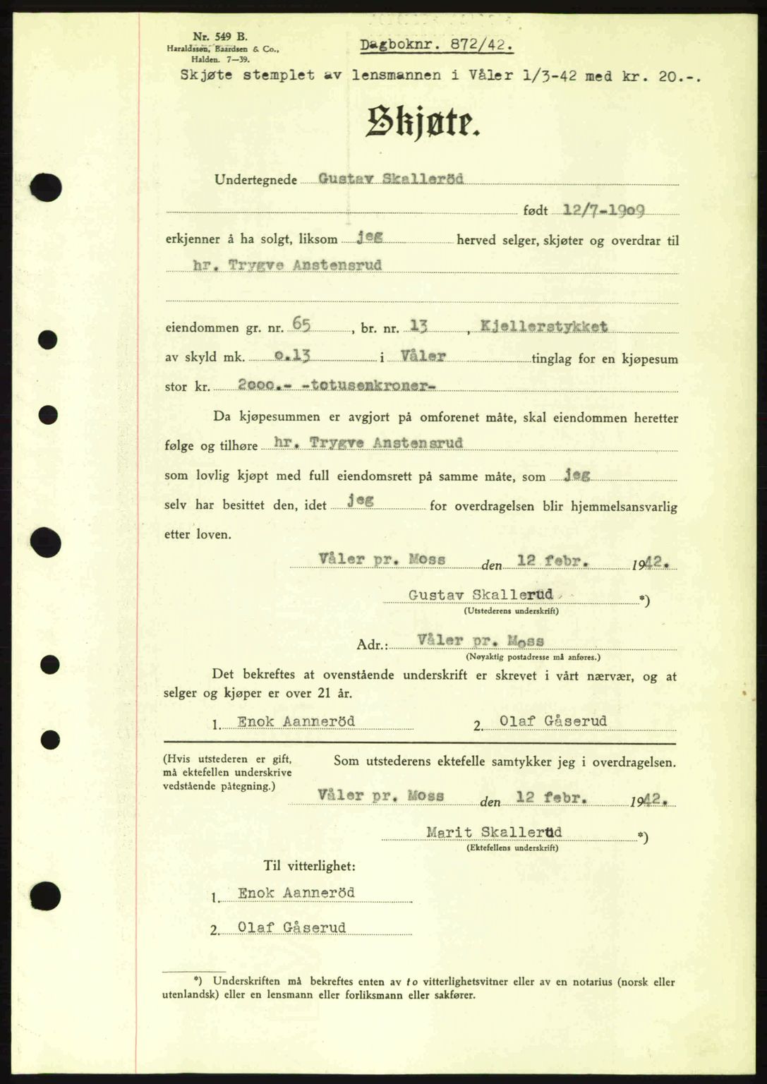 Moss sorenskriveri, SAO/A-10168: Pantebok nr. A9, 1941-1942, Dagboknr: 872/1942