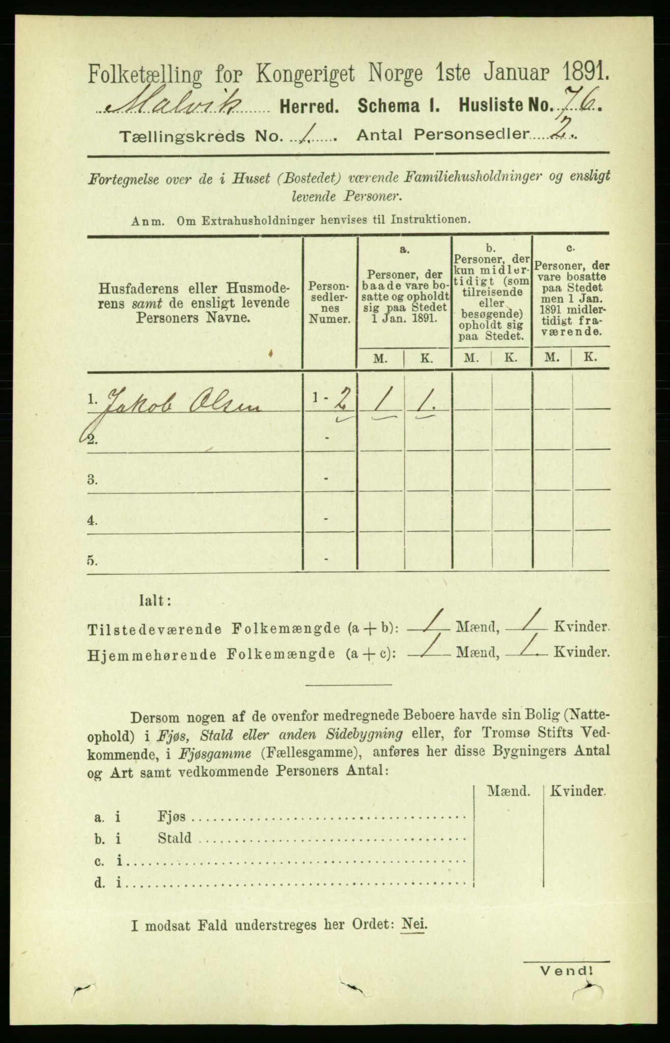 RA, Folketelling 1891 for 1663 Malvik herred, 1891, s. 95