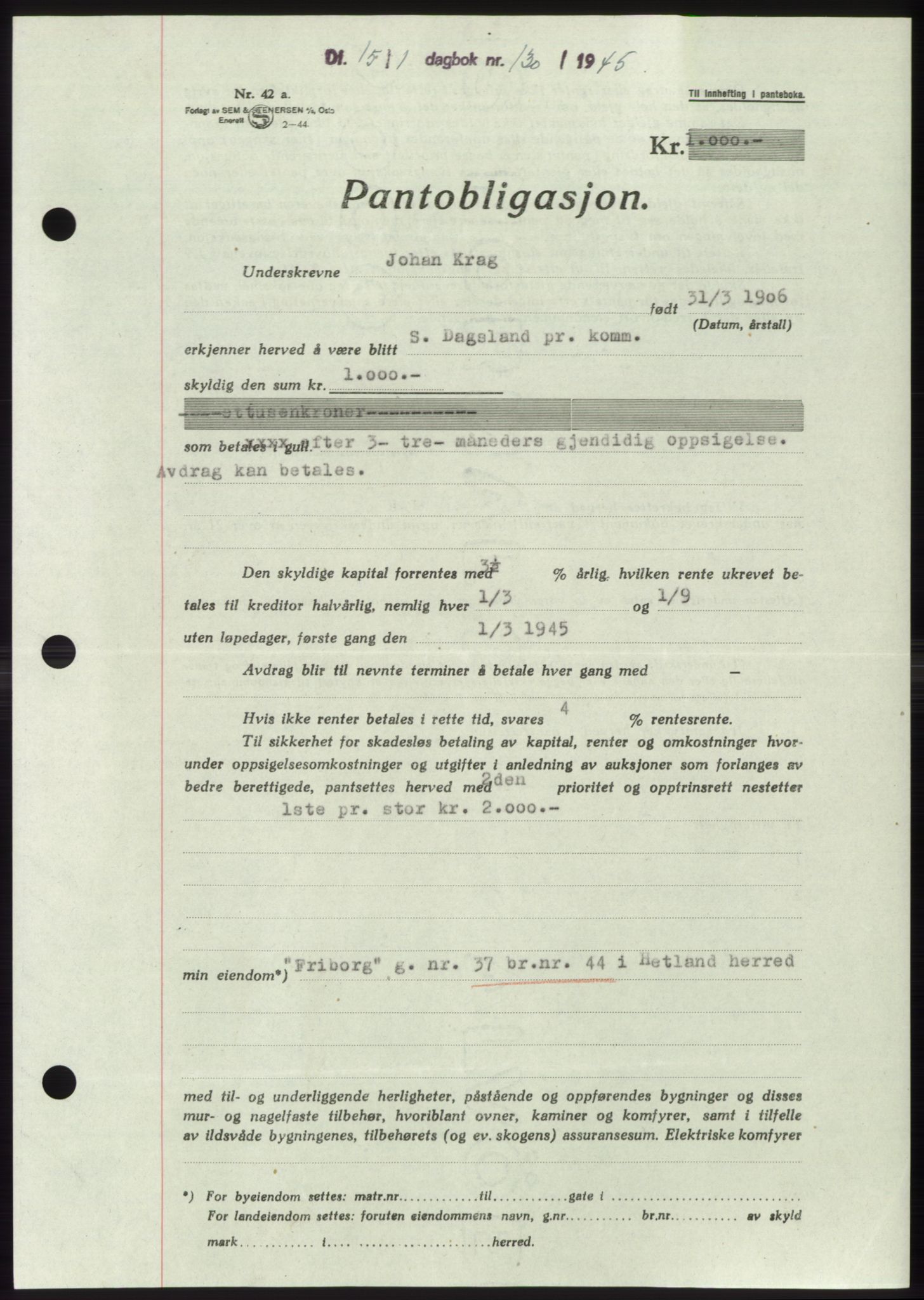 Jæren sorenskriveri, SAST/A-100310/03/G/Gba/L0087: Pantebok, 1944-1945, Dagboknr: 130/1945
