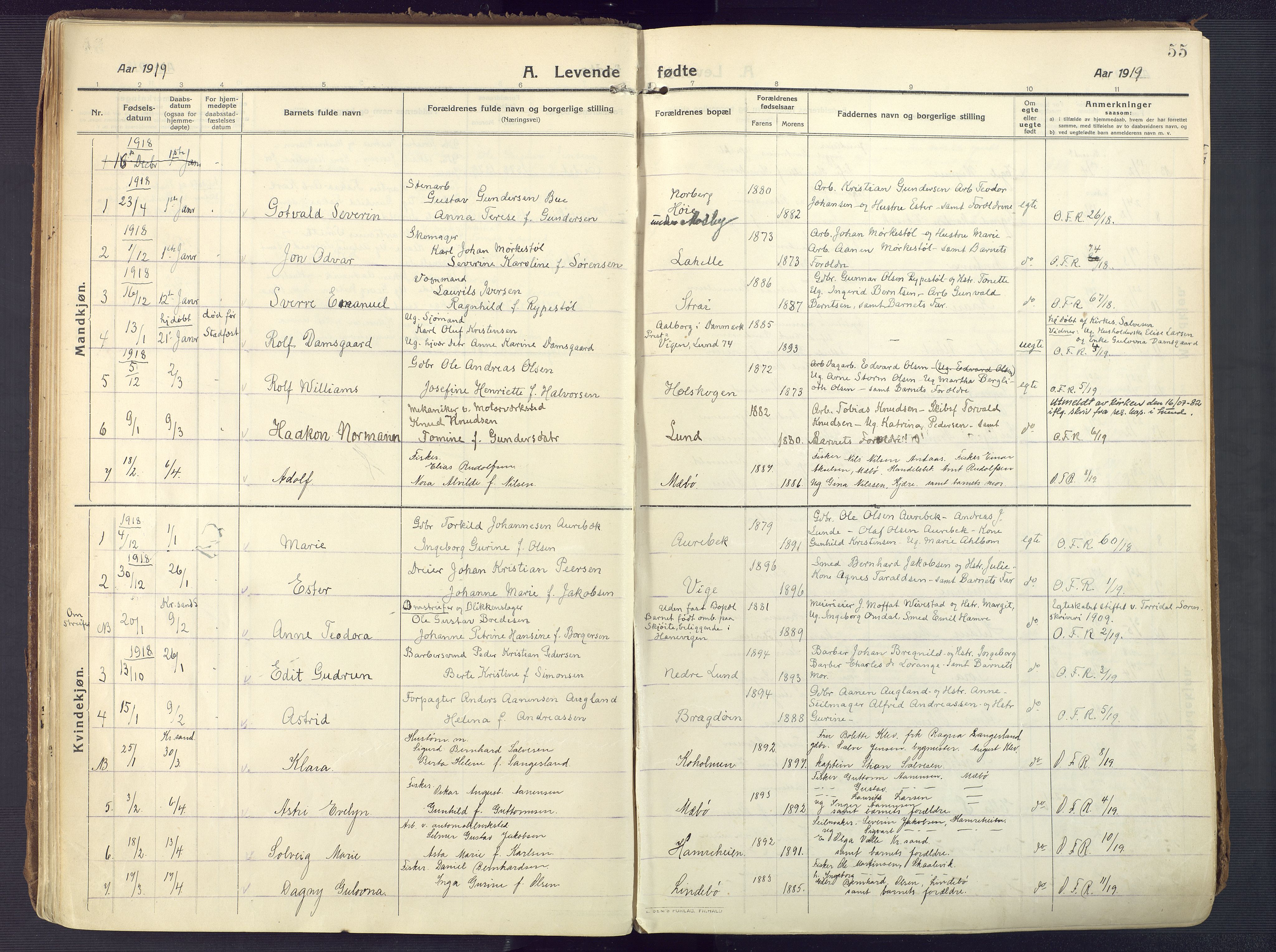 Oddernes sokneprestkontor, SAK/1111-0033/F/Fa/Faa/L0012: Ministerialbok nr. A 12, 1912-1925, s. 55