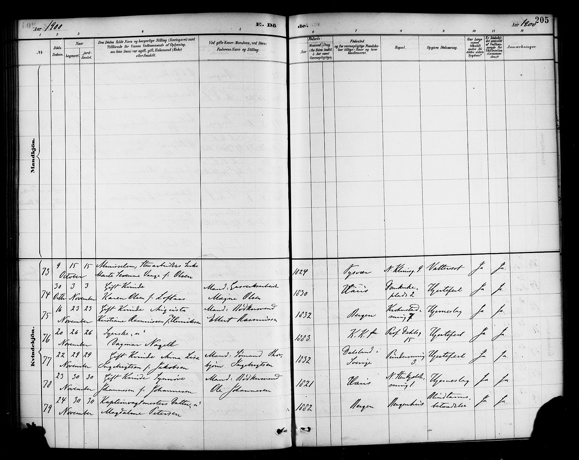 Korskirken sokneprestembete, AV/SAB-A-76101/H/Haa/L0047: Ministerialbok nr. E 5, 1884-1910, s. 205