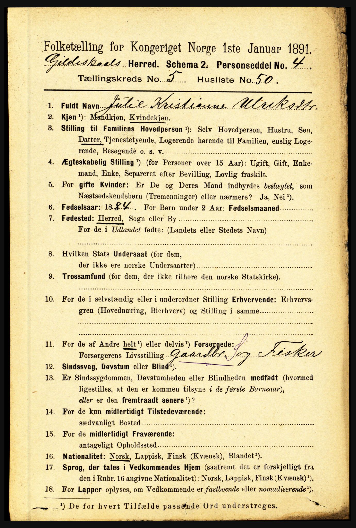 RA, Folketelling 1891 for 1838 Gildeskål herred, 1891, s. 1868