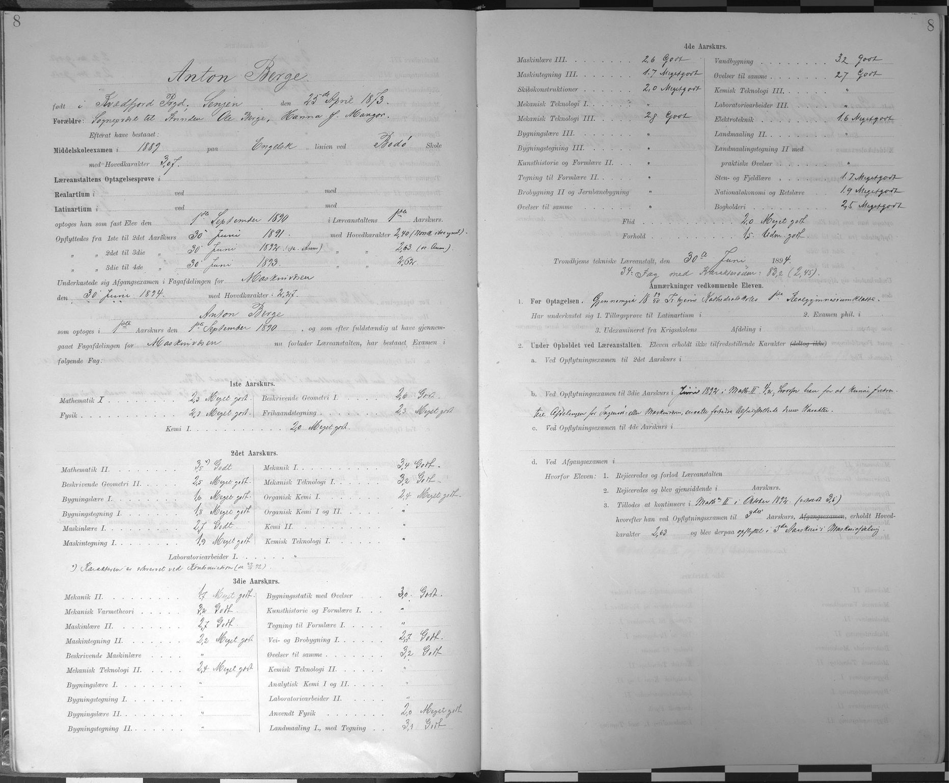 Trondhjems tekniske læreanstalt, AV/SAT-A-1622/G/Ga/L0047: Karakterprotokoll, faste elever, 1890-1899