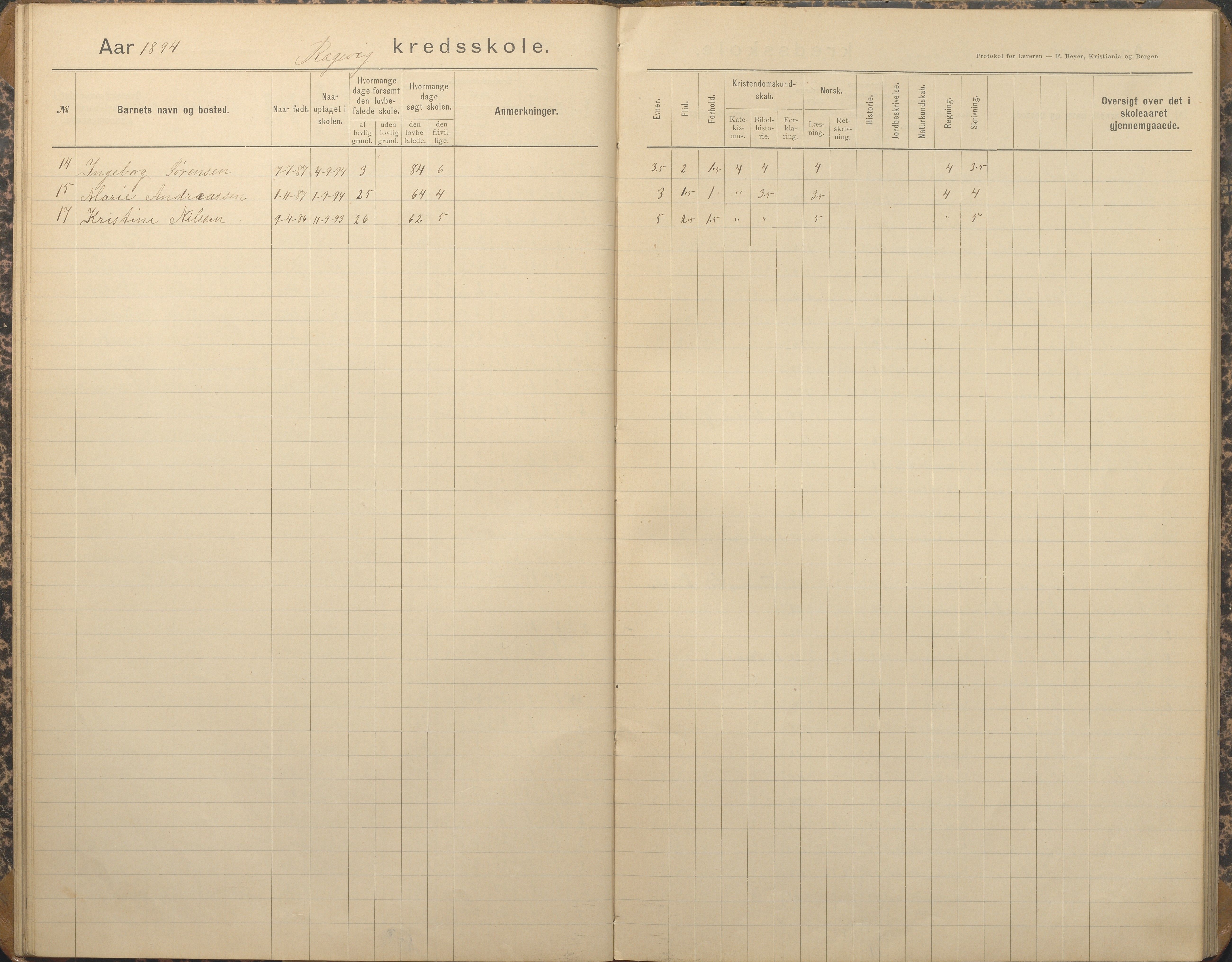 Tromøy kommune frem til 1971, AAKS/KA0921-PK/04/L0067: Rægevik - Karakterprotokoll, 1892-1908