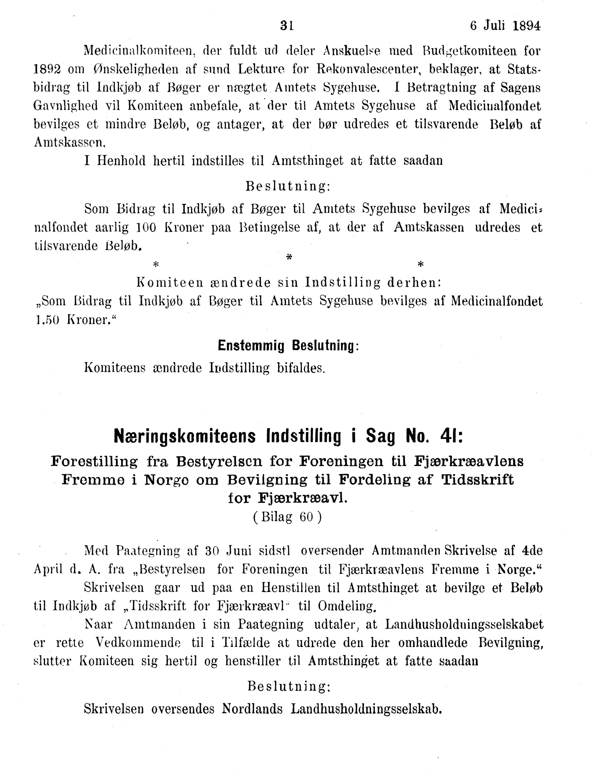 Nordland Fylkeskommune. Fylkestinget, AIN/NFK-17/176/A/Ac/L0017: Fylkestingsforhandlinger 1894, 1894