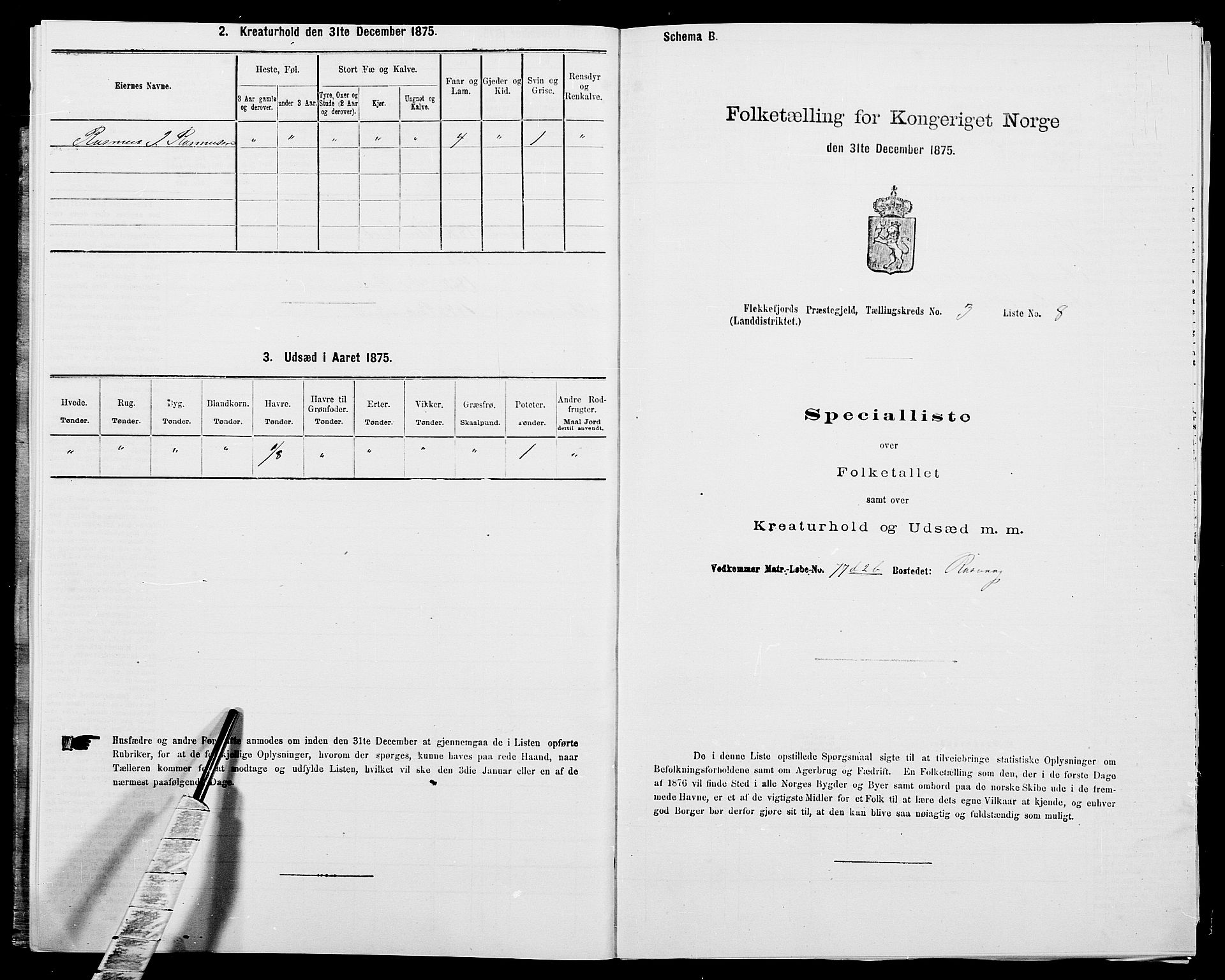 SAK, Folketelling 1875 for 1042L Flekkefjord prestegjeld, Nes sokn og Hidra sokn, 1875, s. 409