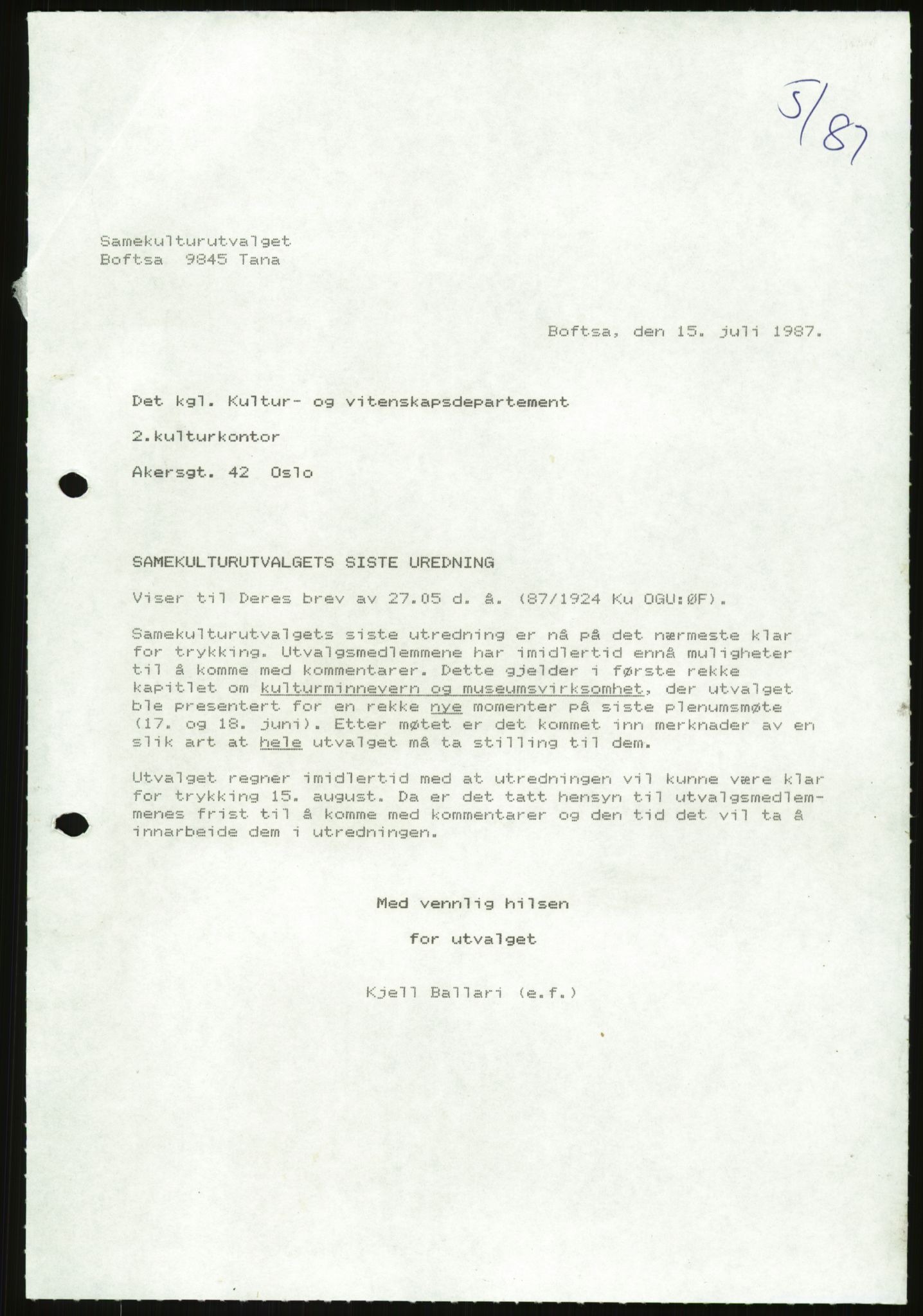 Kirke- og undervisningsdepartementet, Samekulturutvalget, RA/S-2905/D/L0002: Utgående brev. Register til disse, 1981-1987, s. 1